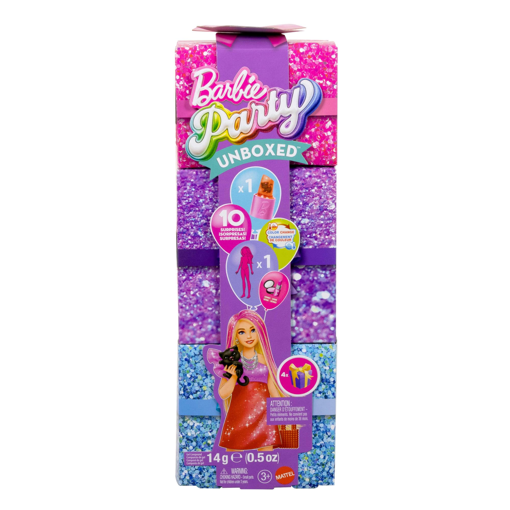 Barbie Party Surprise rossa brillante, bambola serie Festa Glamour con 10 accessori a sorpresa ed effetto cambia colore inclusi, giocattolo per bambini, 3+ anni, JFY68