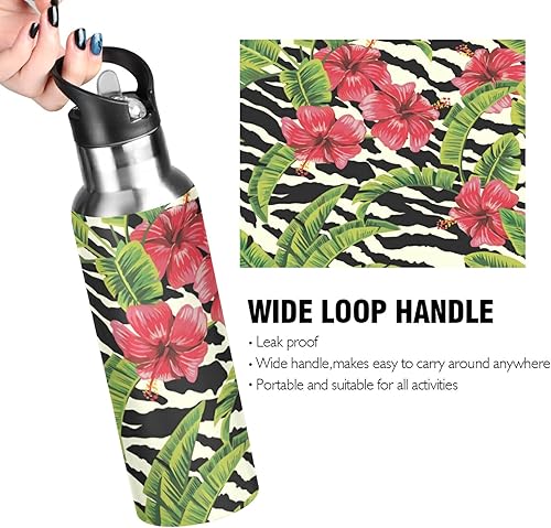 Miniatura 4 de Botella de agua deportiva con estampado de cebra y flores tropicales, aisladas con pajilla, botella de acero inoxidable al vacío con animales, termo