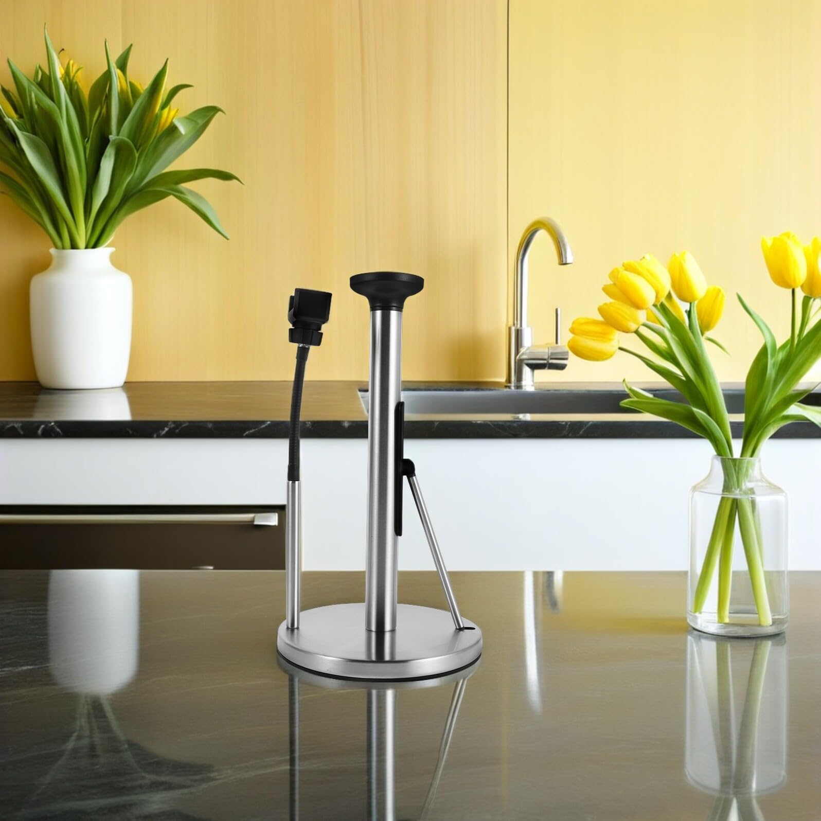 Soporte de Papel de Cocina Metálico Vertical con Base Estable y Soporte para Móvil Organizador para Encimera Diseño Ahorrador de Espacio para Familias y Fiestas