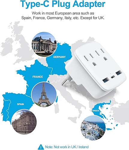 Miniatura 4 de Adaptador de enchufe de viaje europeo adaptador de enchufe internacional plegable con 2 salidas de CA 3 puertos USB 1 USB C adaptador de enchufe