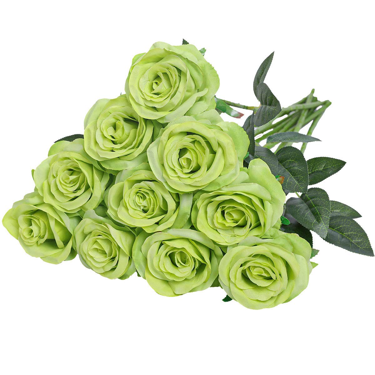 Nubry Artificial Silk Rose Flower Bouquet Lifelike Fake Rose for Wedding Home Party Decoration Event Gift 10pcs (Green)