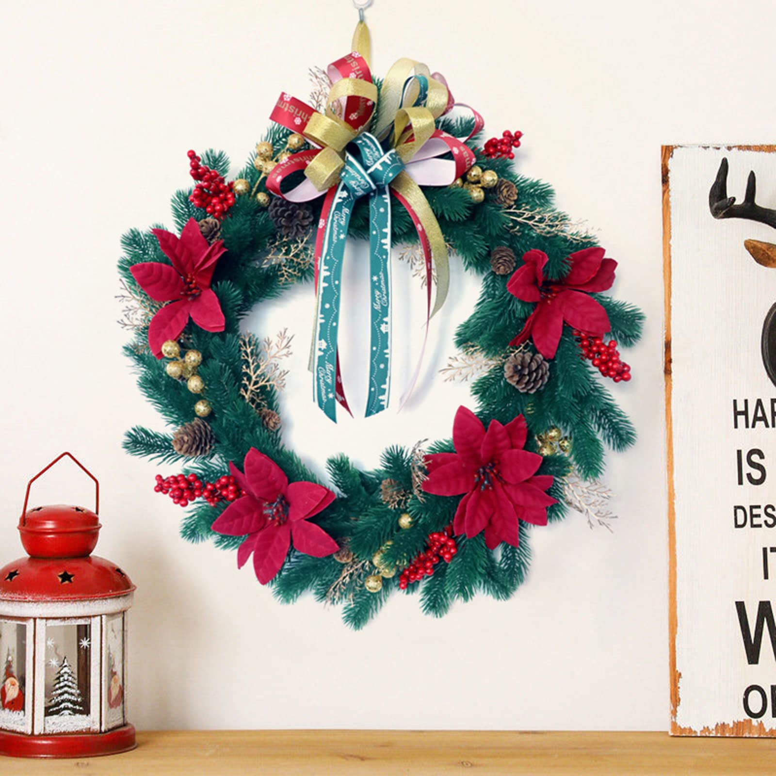 Corona de Navidad artificial de invierno con piña, frutos rojos, hojas de pino, árbol de puerta delantera, decoración de pared, corona de Navidad, contenedor de almacenamiento, grande