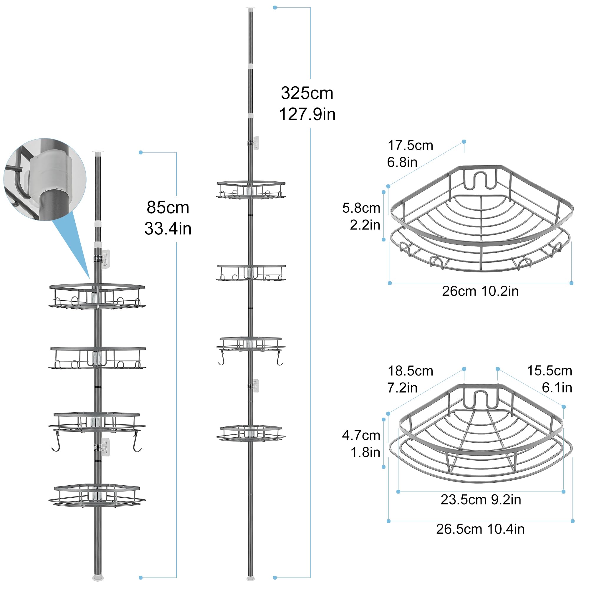 DUFU Etagere Douche Telescopique avec 4 Étagère de Rangement d'Angle pour Salle de Bain et Wc Réglable en Hauteur 85-325cm Métal Gris
