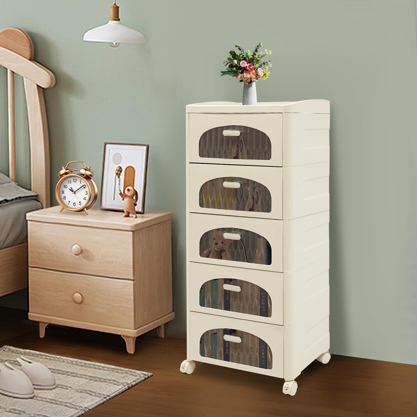 Cassettiera con 5 cassetti, con ruote, capacità di carico di ogni cassetto 5 kg, 41,7 x 32 x 97 cm, scatole impilabili per soggiorno, cameretta dei bambini, studio (arco trasparente)