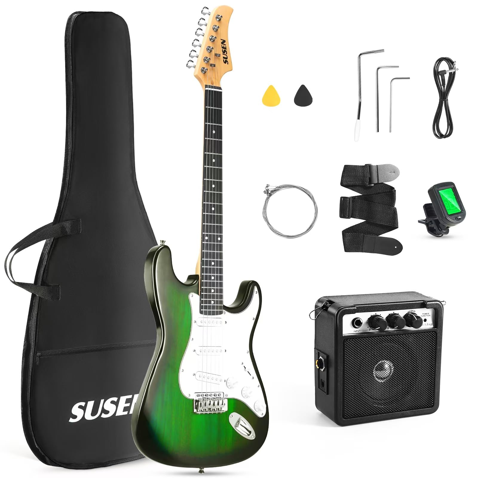 Electric Guitar, 39 Inch Solid Full-size Electric Guitar S-S-S Pickups Starter Kit Includes Amplifier, Bag, Digital Tuner, Strap, String, Cable, Picks，Mini AMP（Green (Green)