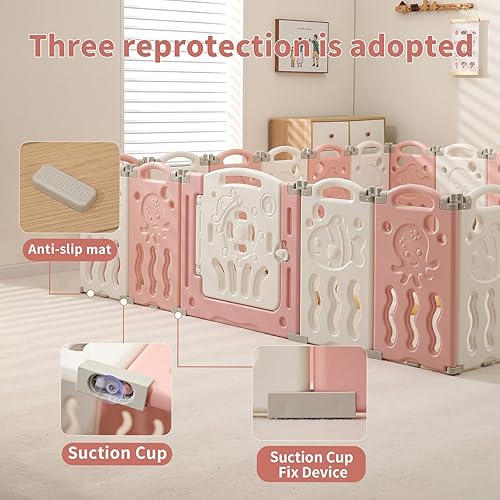 Miniatura 5 de Corralito plegable para bebés con panel de juego y puerta de seguridad, ventosa antideslizante de forma ajustable, bolígrafos de juego para bebés y