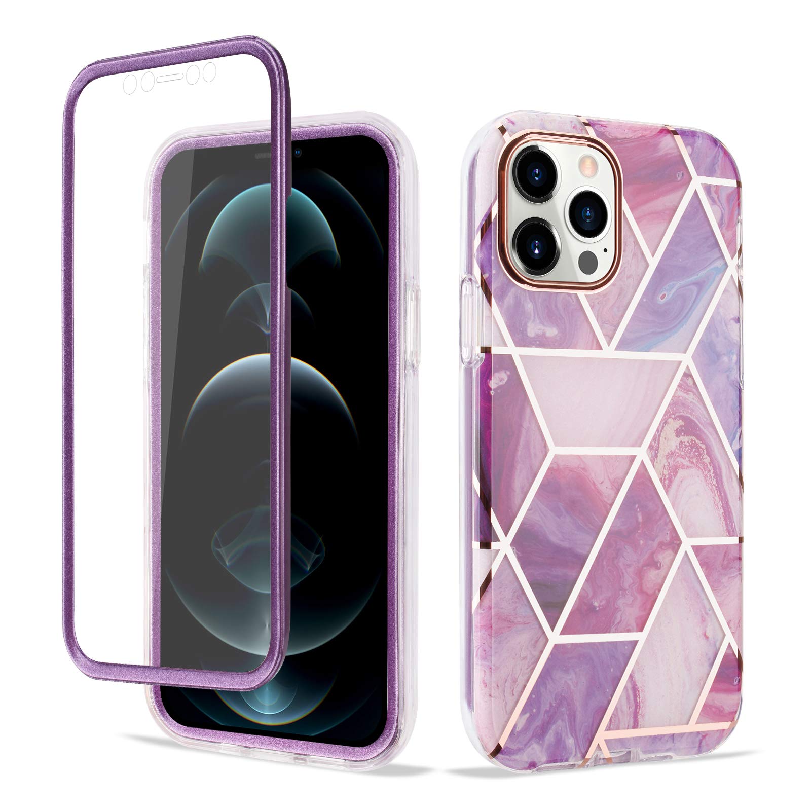 PuretPhone case. Apple iPhone 12 Pro max Case, Purple Marble Shiny Silicone/TPU Shockproof Bumper Case with Built-In Screen Protector, Full Body Cover (Purple iPhone 12 pro max Case)