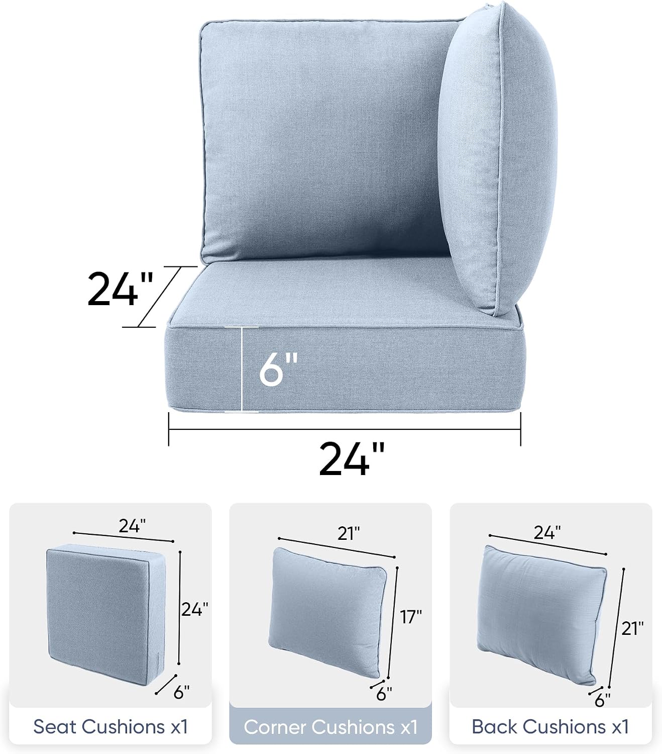 Luxury 24x24x6 Outdoor Corner Cushion 1 Set - Water-Repellent 3-Piece Cushion Set with Zipper for Outside Wicker Sofa Loveseat Chair Sectional Patio Conversation Sets - Baby Blue/Classic thumbnail
