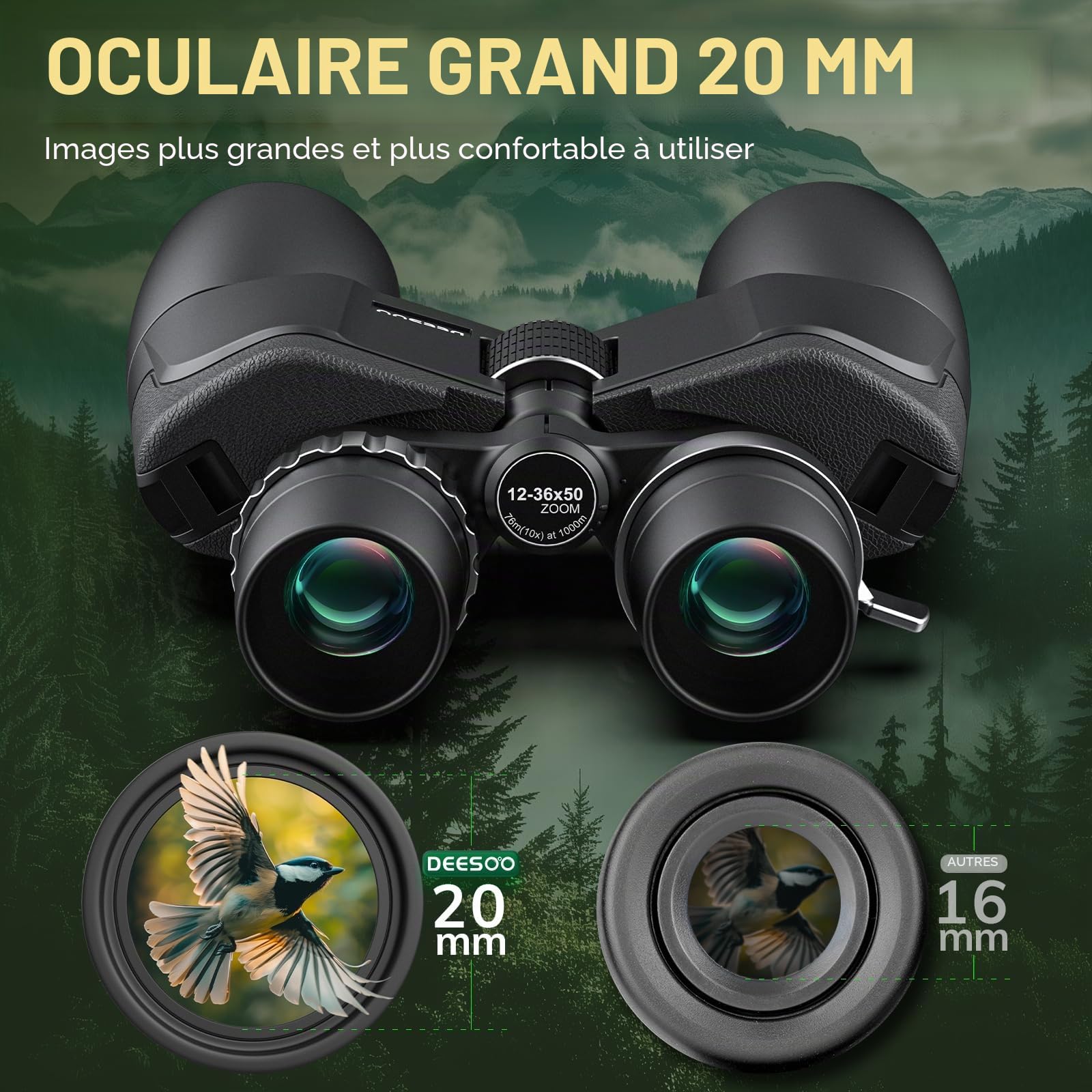 12-36x50 Zoom HD Jumelles Adultes Puissante - Gros Objectif 50mm avec Prismes BAK4 & Lentilles FMC - Vision Claire en Faible Lumière pour Observation des Oiseaux, Chasse, Concerts et Voyage