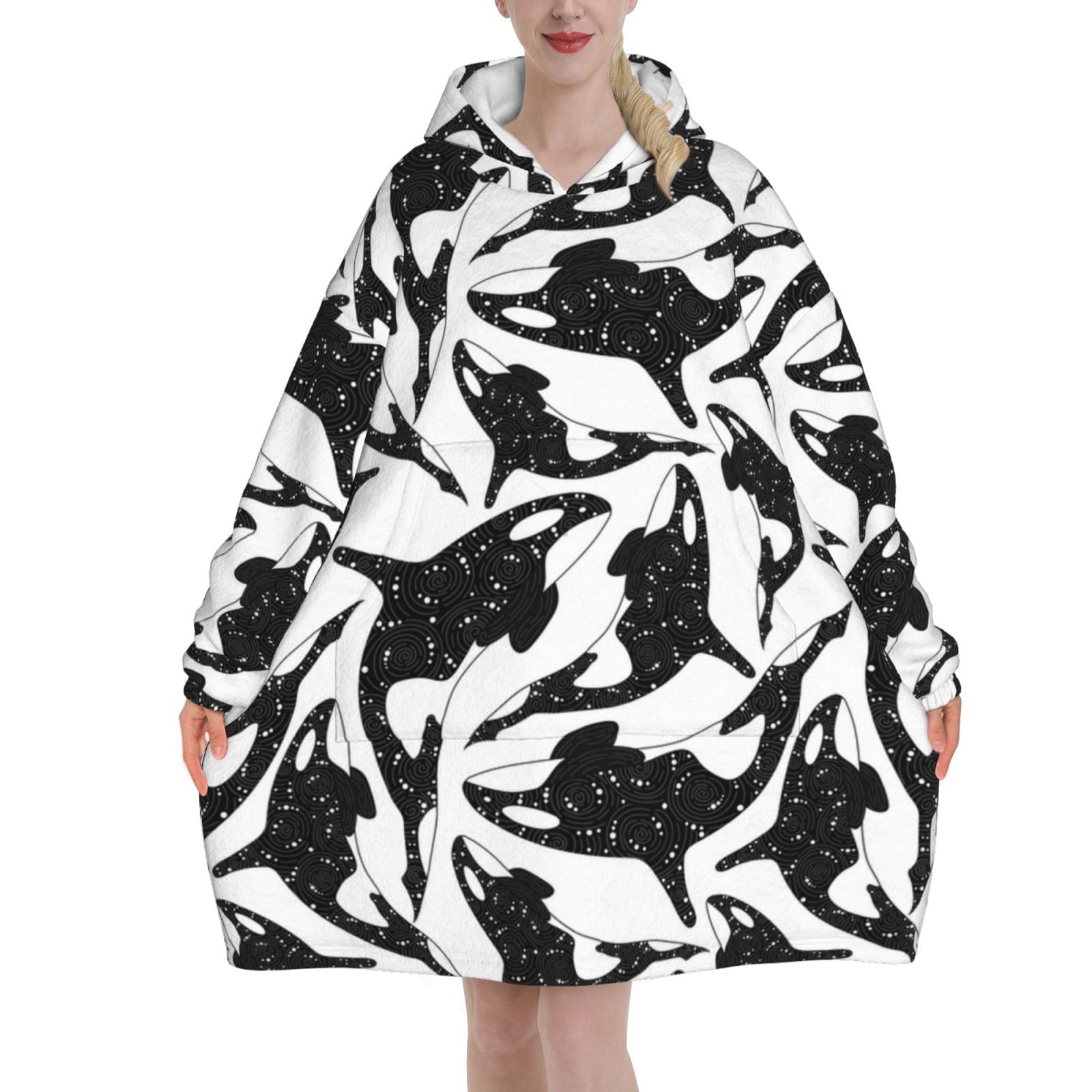 Yxdvpalne Unisex As Picture Whale Orca Killer Oversized Women's Wearable Blanket Hoodie, Flannel Pullover Blanket, Blanket Sweatshirt