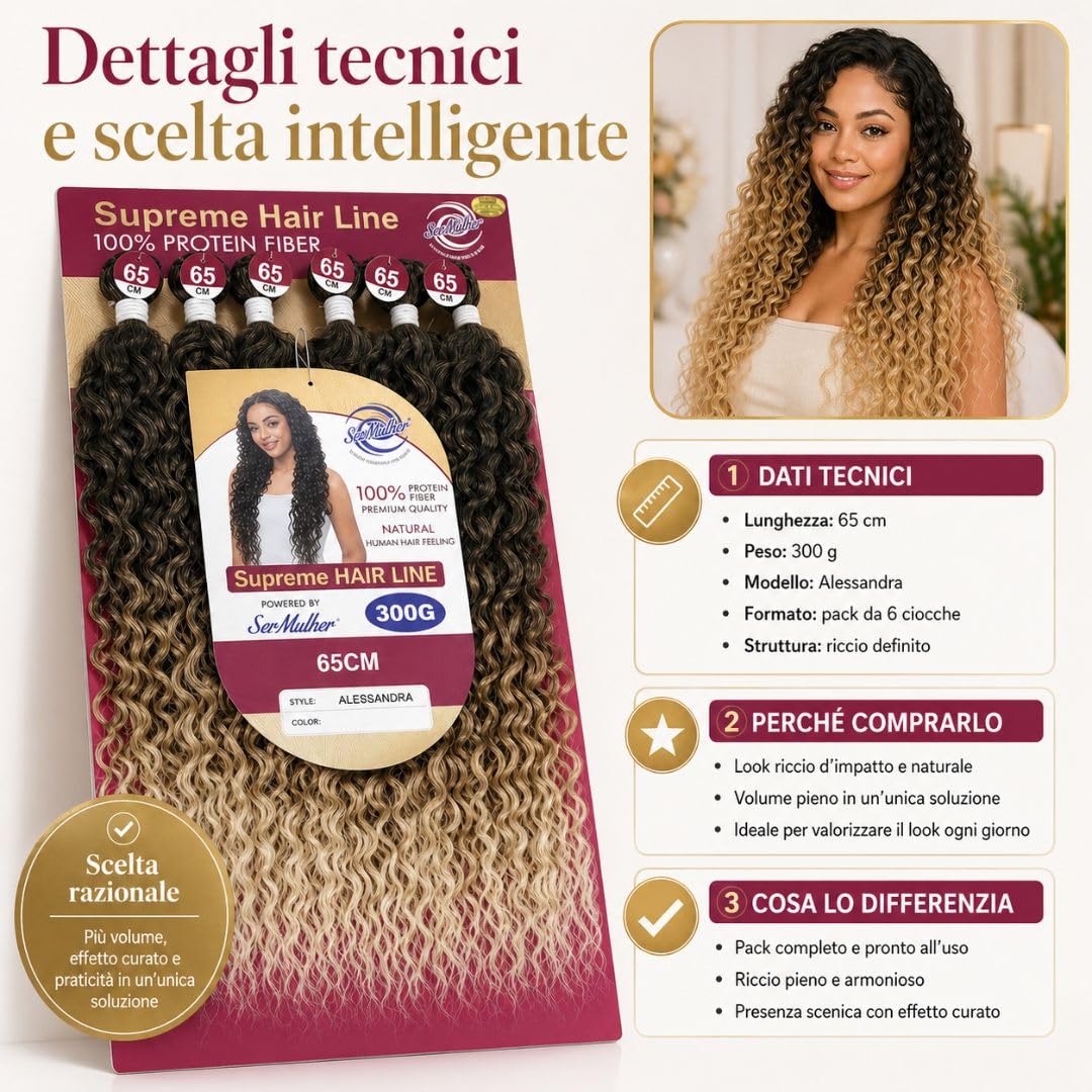 Extension Capelli Ricci e Mossi a Tessitura in Bioproteina, 300 gr, 100% Aspetto Naturale - Hair Texture IDEALI per Styling Ricci, Ondulati, Volume Naturale, 6x65 cm, ALESSANDRA (Dark Brown)