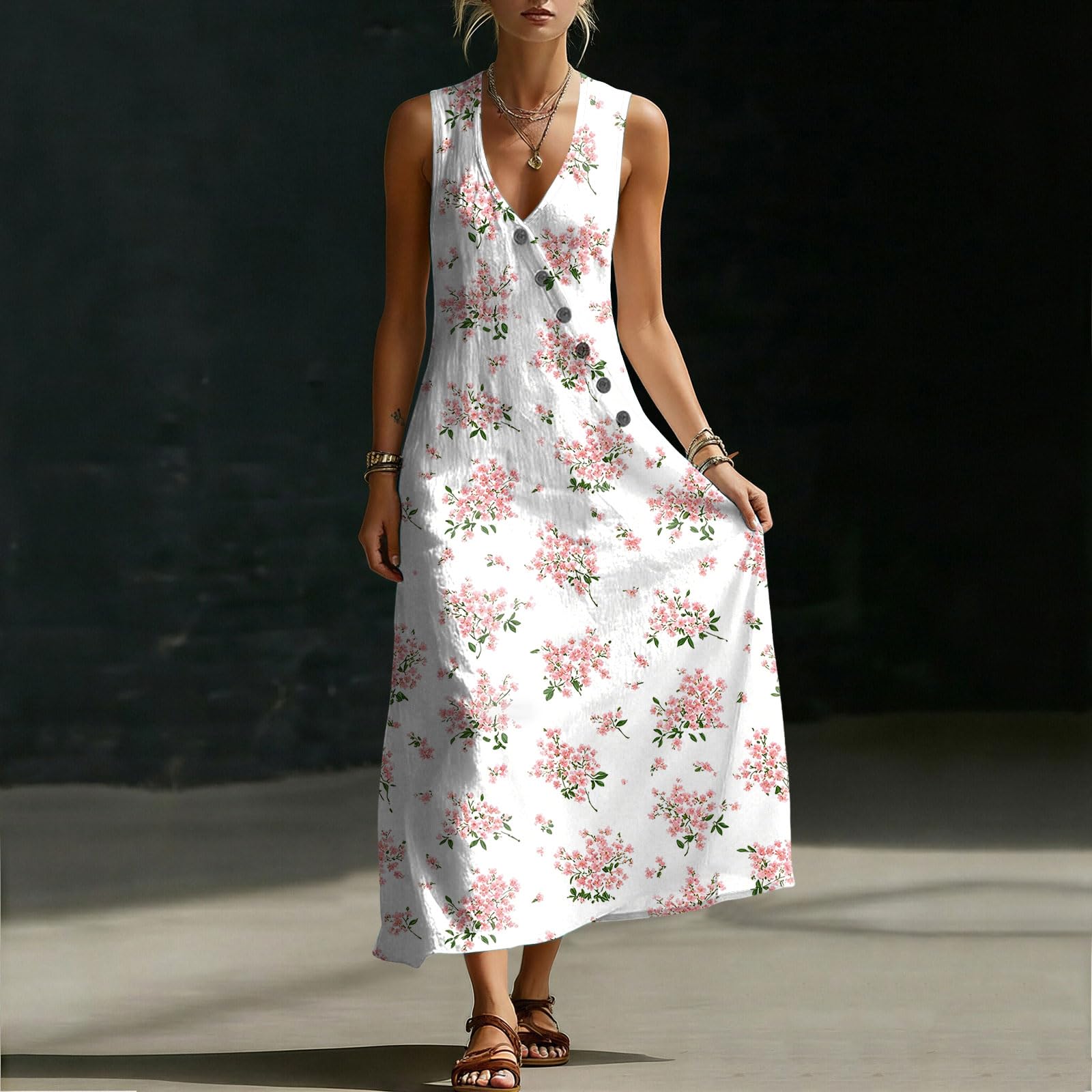 Abiti Estivi Donna Cotone Corti Abito Estivo da Donna Senza Maniche con Fantasia Floreale, Bottoni Asimmetrici e Scollo a V. Abito Estivo