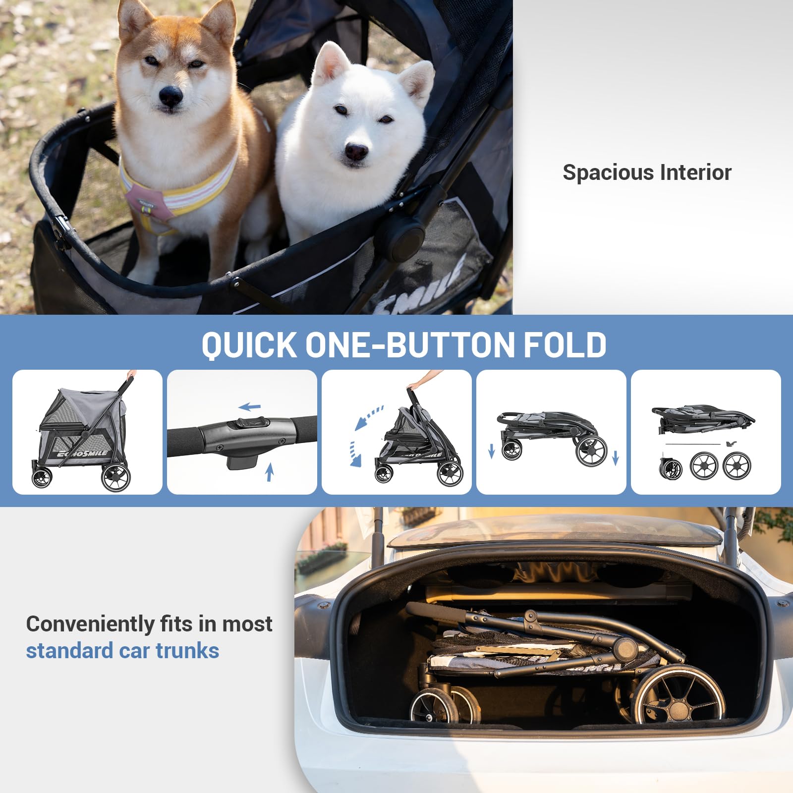 EchoSmile Cochecito para perros medianos y grandes de hasta 40 kg, plegable con ventanas de red, asa ajustable y 3 ruedas todoterreno (gris + negro)