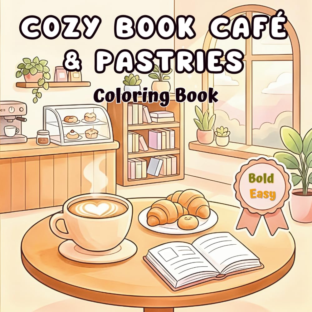 Cozy Book Café Coloring Book: Bold & Easy Café Scenes for Relaxation and Stress Relief