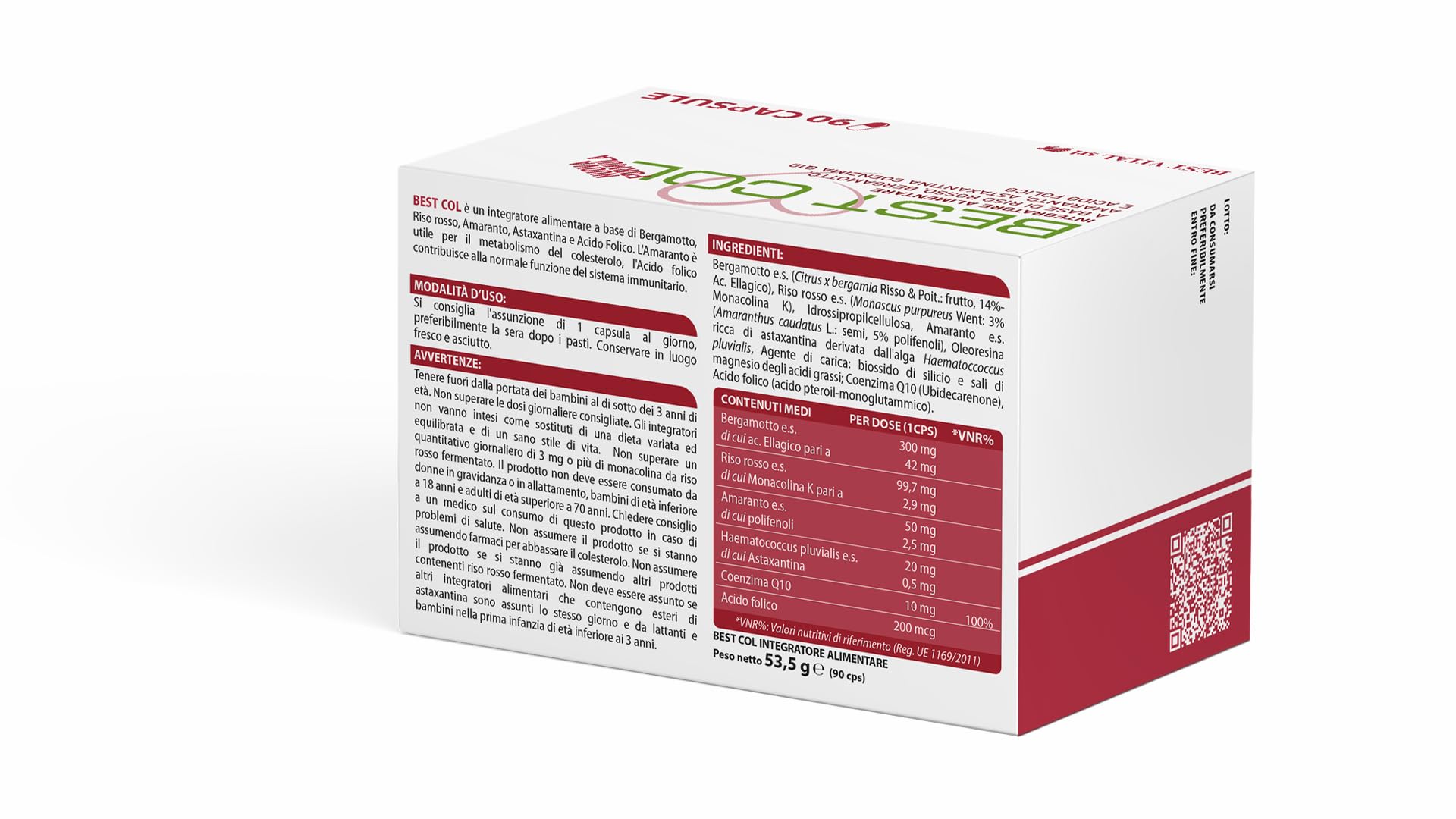 Best Col Nuova Formula - Integratore Alimentare a Base di Bergamotto, Amaranto, Astaxantina, Coenzima Q-10, Riso Rosso e Acido Folico. 90 Capsule
