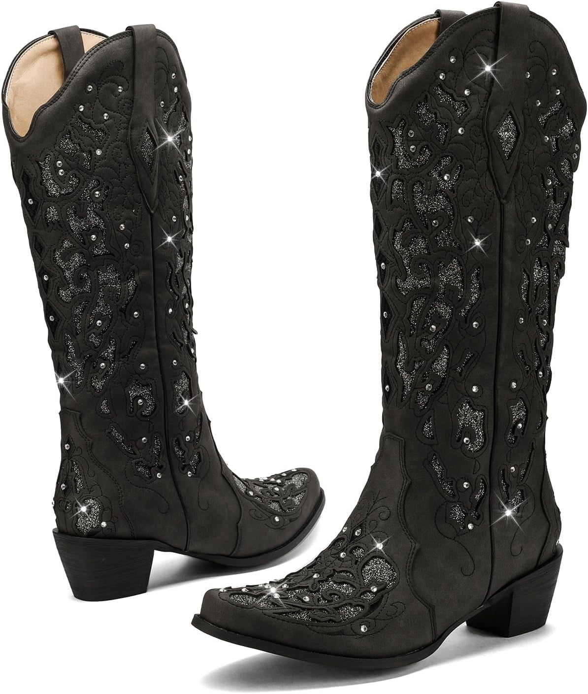 LingxiaUne Cowboy Boots for Women, Mid Calf Cowgirl Boot Rhinestone, Comfortable Chunky Heel Western Boot with Glitter, Sparkle Boot for Dressy Woman