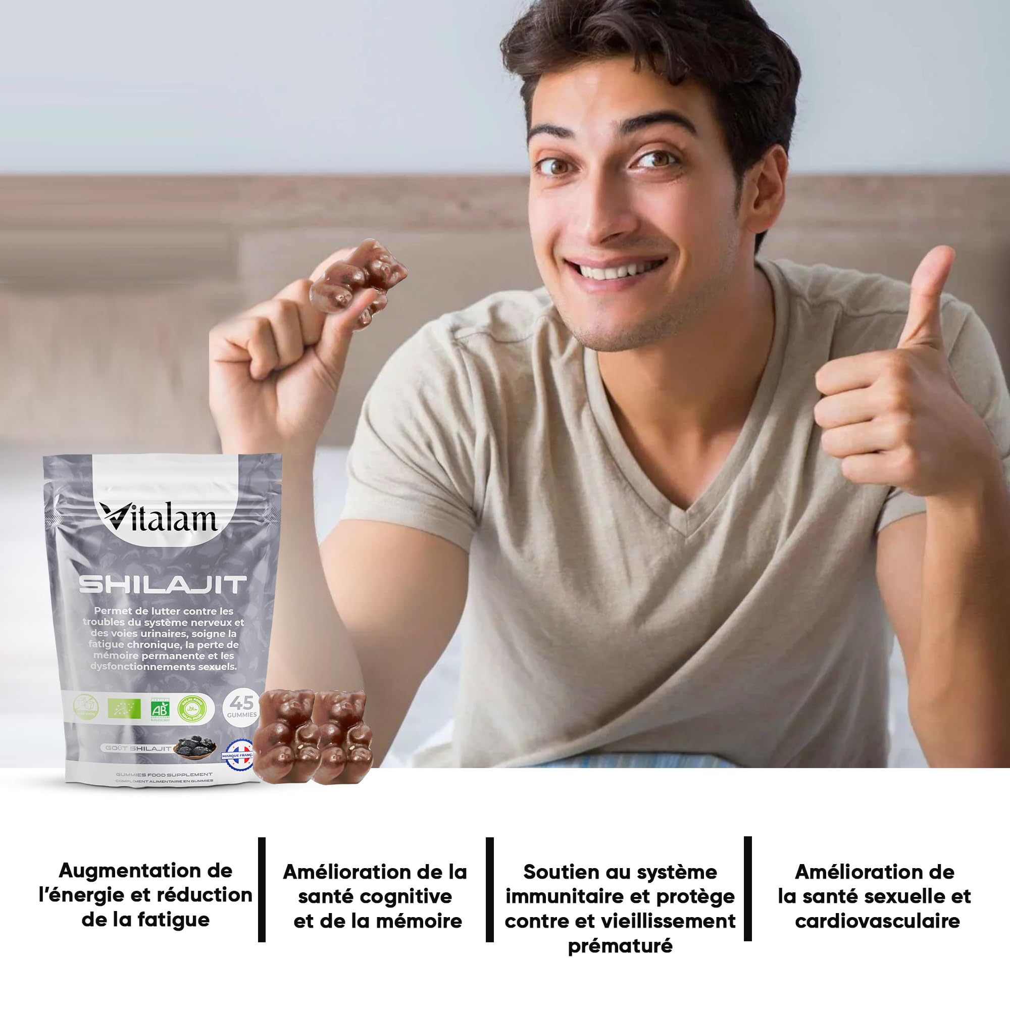 Gummies Shilajit Pur Bio en sachet, Shilajit Himalaya, Boost métabolisme, Libido et Energie, Acide Fulvique, Soutien Immunitaire pour hommes et femmes, complément alimentaire 100% Naturel