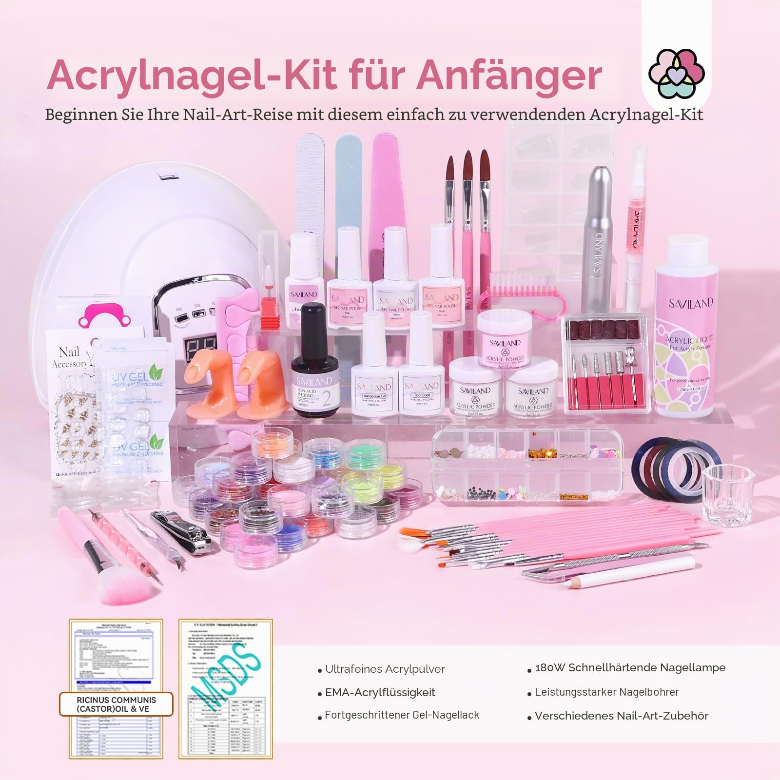 Saviland Acryl Nagelset für Anfänger mit Keratin Acrylpulver, Rizinusöl & Vitamin E Gel Nagellack/Primer/180W Nagellampe/Nagelfeile – Komplettes Set mit allem Zubehör für den Start zu Hause