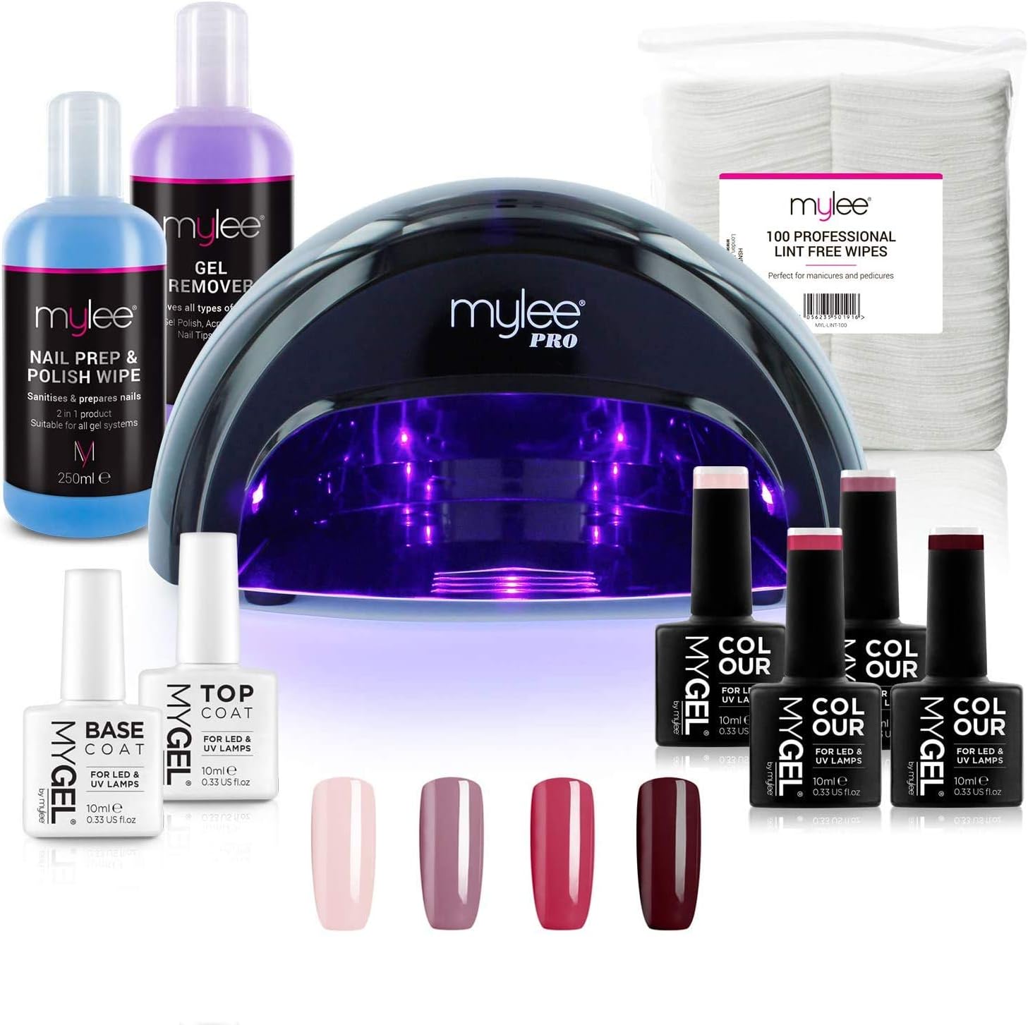 Mylee Complete Professional Gel Nail Polish LED Lamp Kit, 4x MyGEL Colours, Top & Base Coat, Mylee PRO Salon Series Convex Curing® LED Lamp, Prep & Wipe, Gel Remover and more (Kit with Black Lamp)