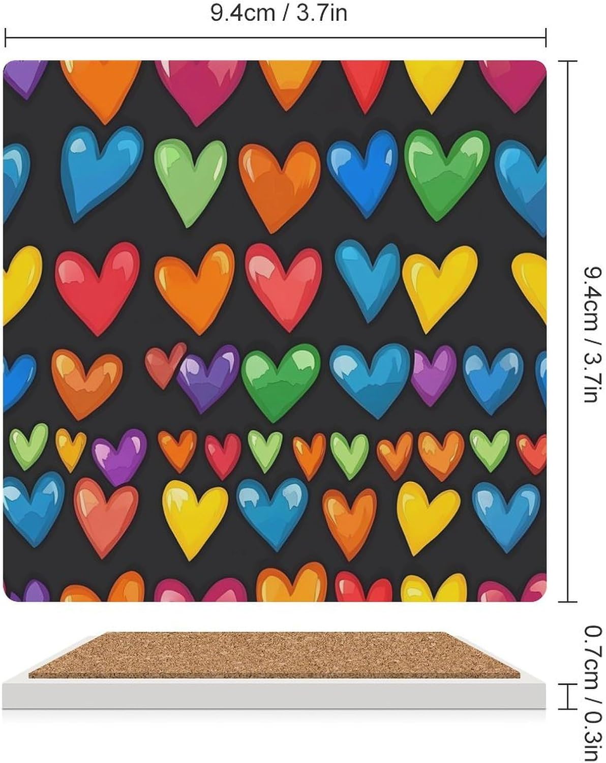 Rainbow Love Heart Print Coasters for Drinks Square Table Coasters Set Cup Mats with Cork Base