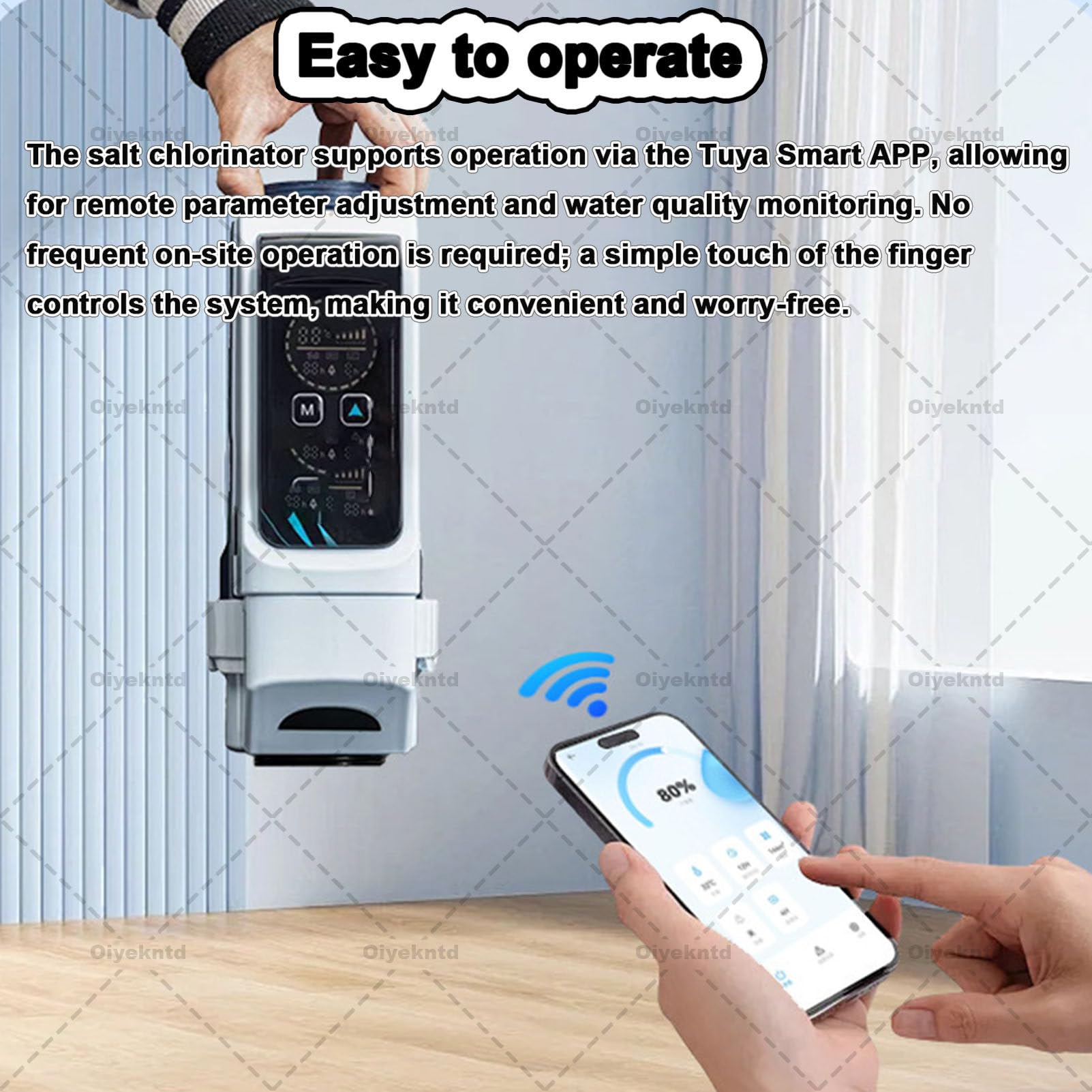 Système intelligent de traitement au sel avec panneau numérique, application de contrôle à distance et générateur de chlore au sel autonettoyant WiFi à plaque en titane pour piscines 100M³/20g/h
