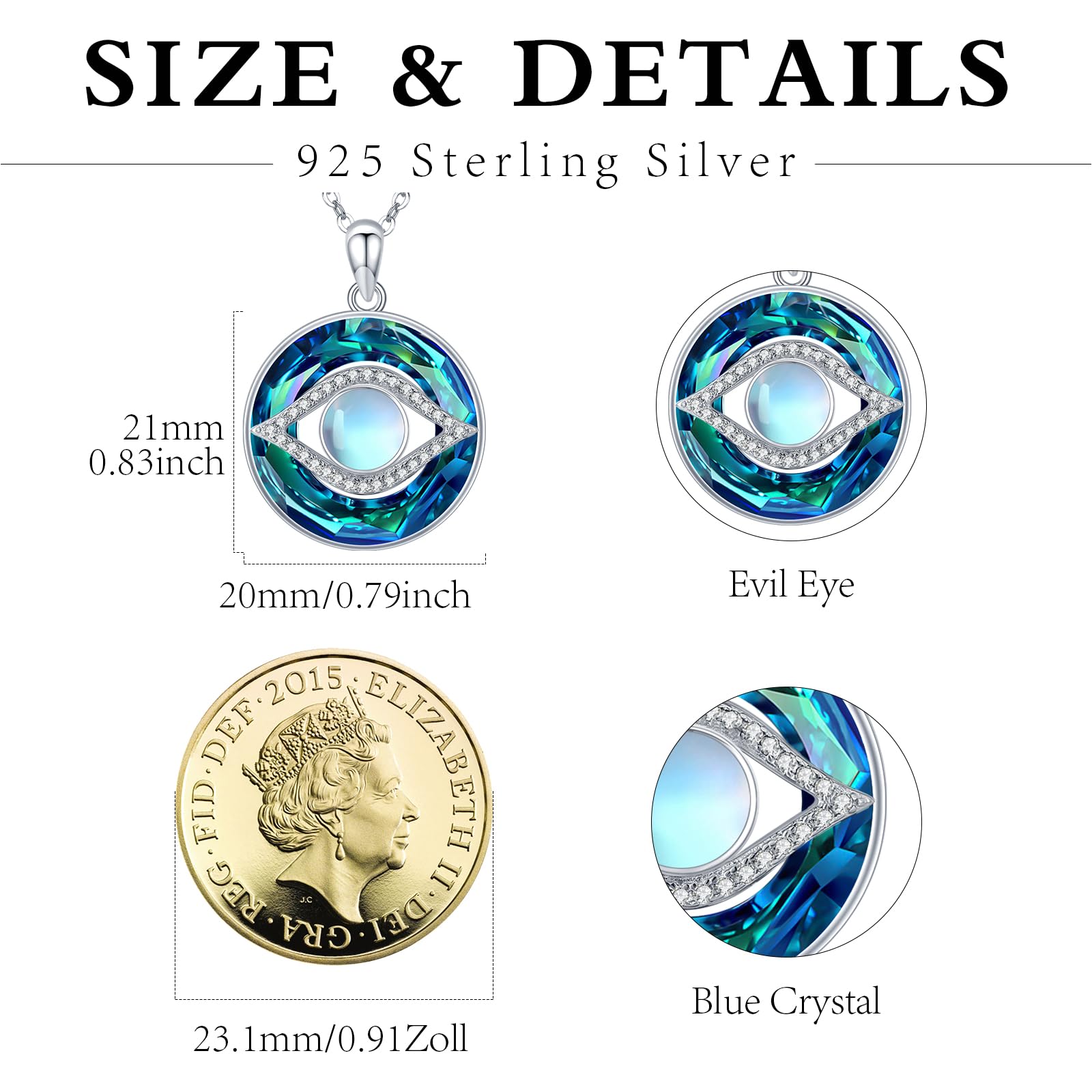 Collar de plata de ley 925 contra el mal de ojo, collar de piedra lunar, collar de cristal, regalo para mujer, talla única, Plata esterlina, Cristal