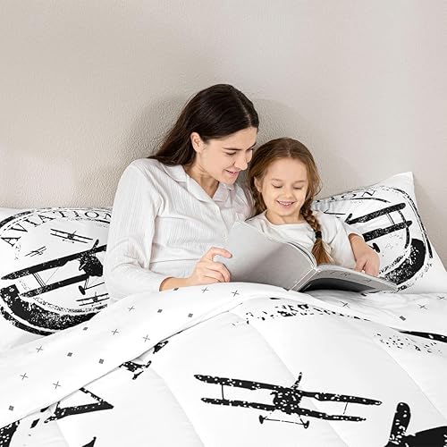 Miniatura 6 de Juego de ropa de cama de vuelo para niños, tamaño matrimonial, juego de edredón de avión para niños pequeños, edredón con estampado de aviones de