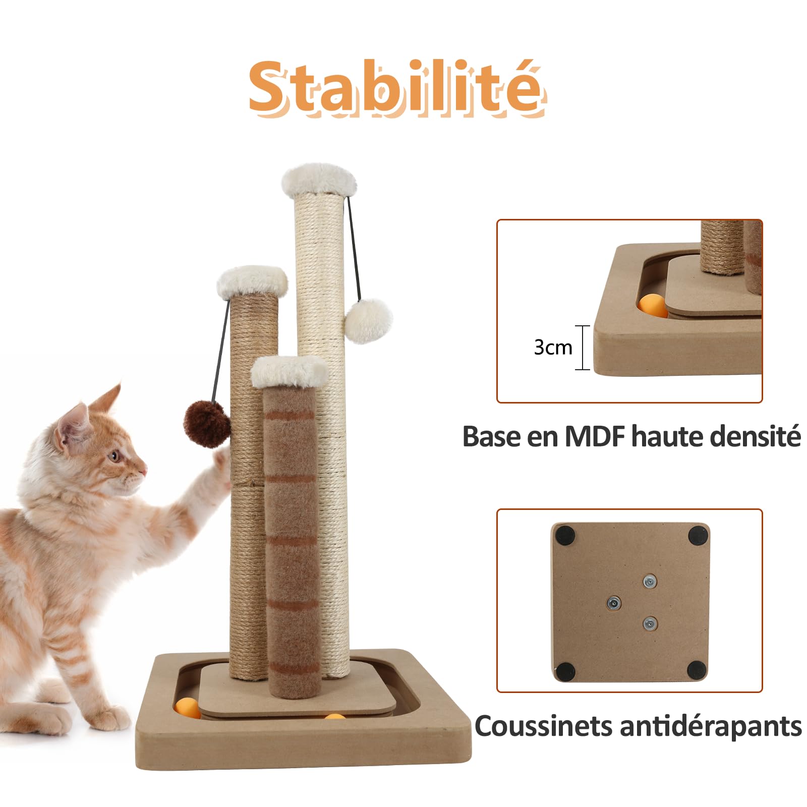 AUSCAT Griffoir pour Chat avec 3 poteaux à griffer, Griffoir Vertical en sisal avec balles suspendues et balles sur Rail, Griffoir pour Chats et Chatons d'Intérieur