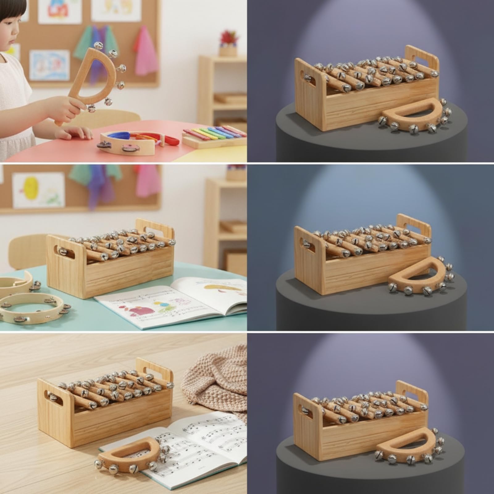 harayaa Campanella Musicale per Bambini Strumento a Percussione Sonaglio a Mano Raganella Tradizionale in Legno con in Metallo, Sette Campanelle A Mano A Mezzaluna + Scatola Di Legno