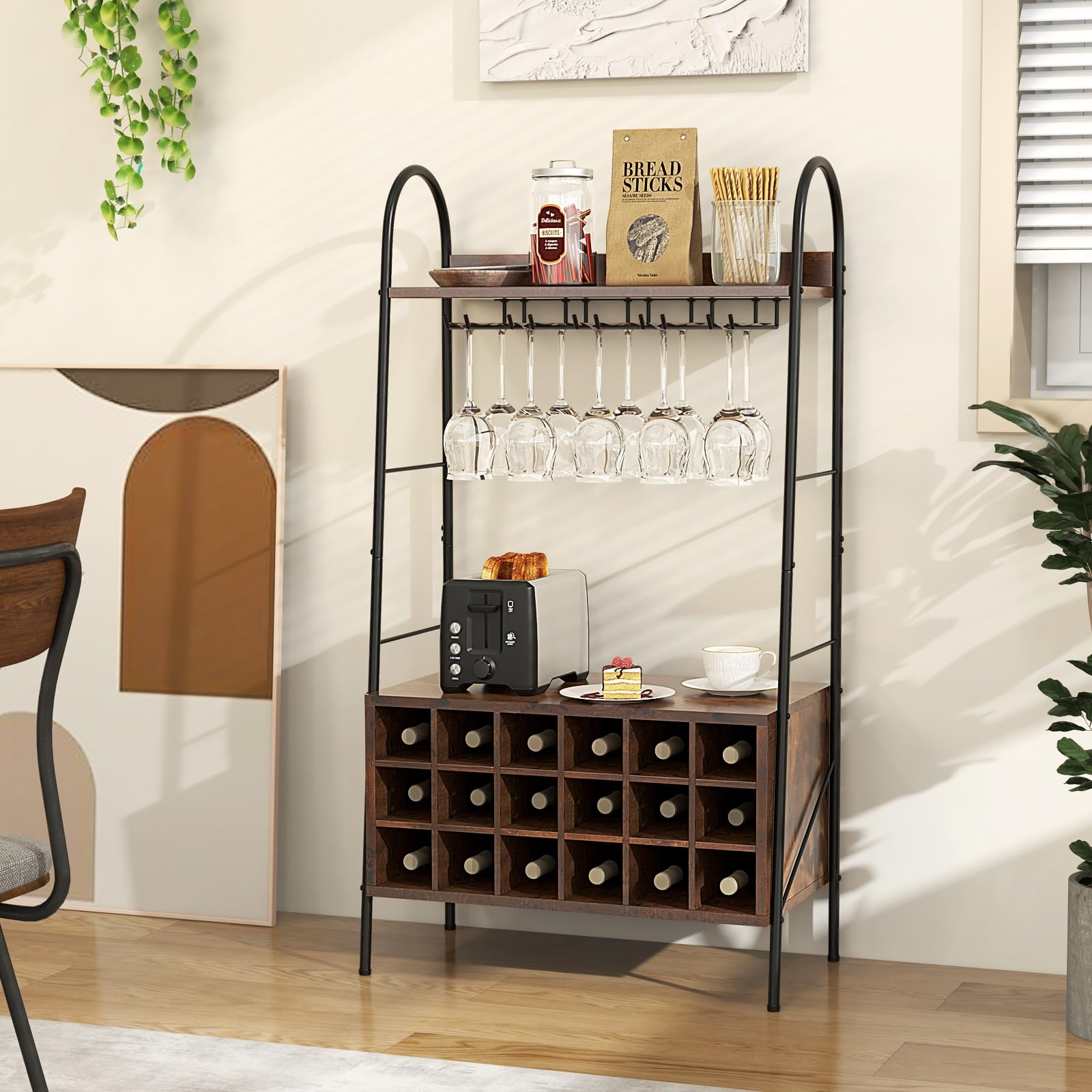 Giantex 18-Bottle Wine Rack Freestanding Floor, Kitchen Bakers Rack w/ 15 Glasses Holder, 2 Storage Shelves & Anti-toppling System, Metal Frame Bar Cabinet, Coffee Bar Table for Home Bar, Rustic Brown