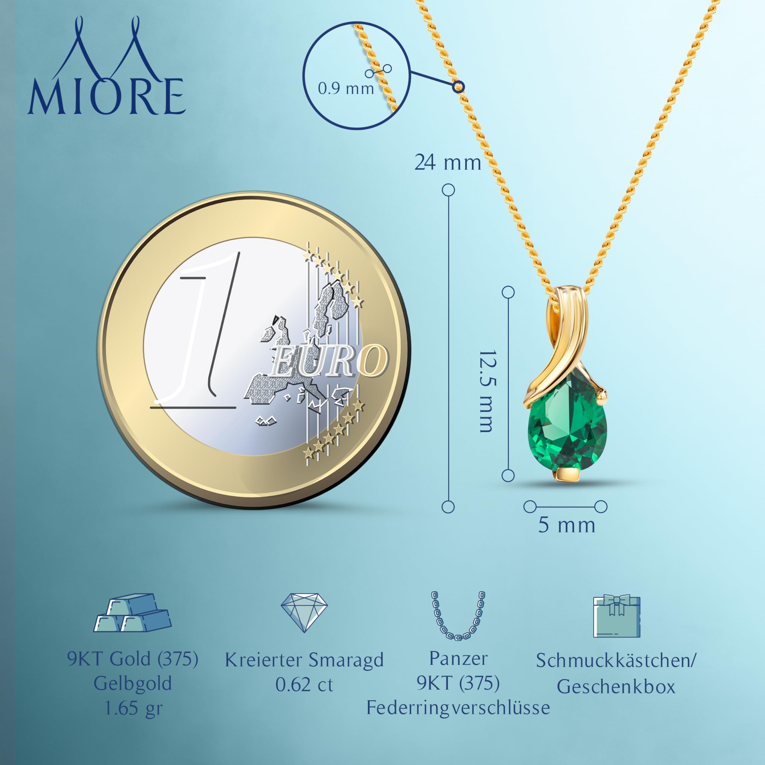 MIORE Halskette Damen, 9 Karat 375 Gelbgold und 18K vergoldetes 925 Silber, Smaragd/Rubin/Topas/Saphir/Aquamarin Tropfen-Anhänger, Made in Italy, Panzerkette 45cm, Schmuck Damen, mit Schmuckbox