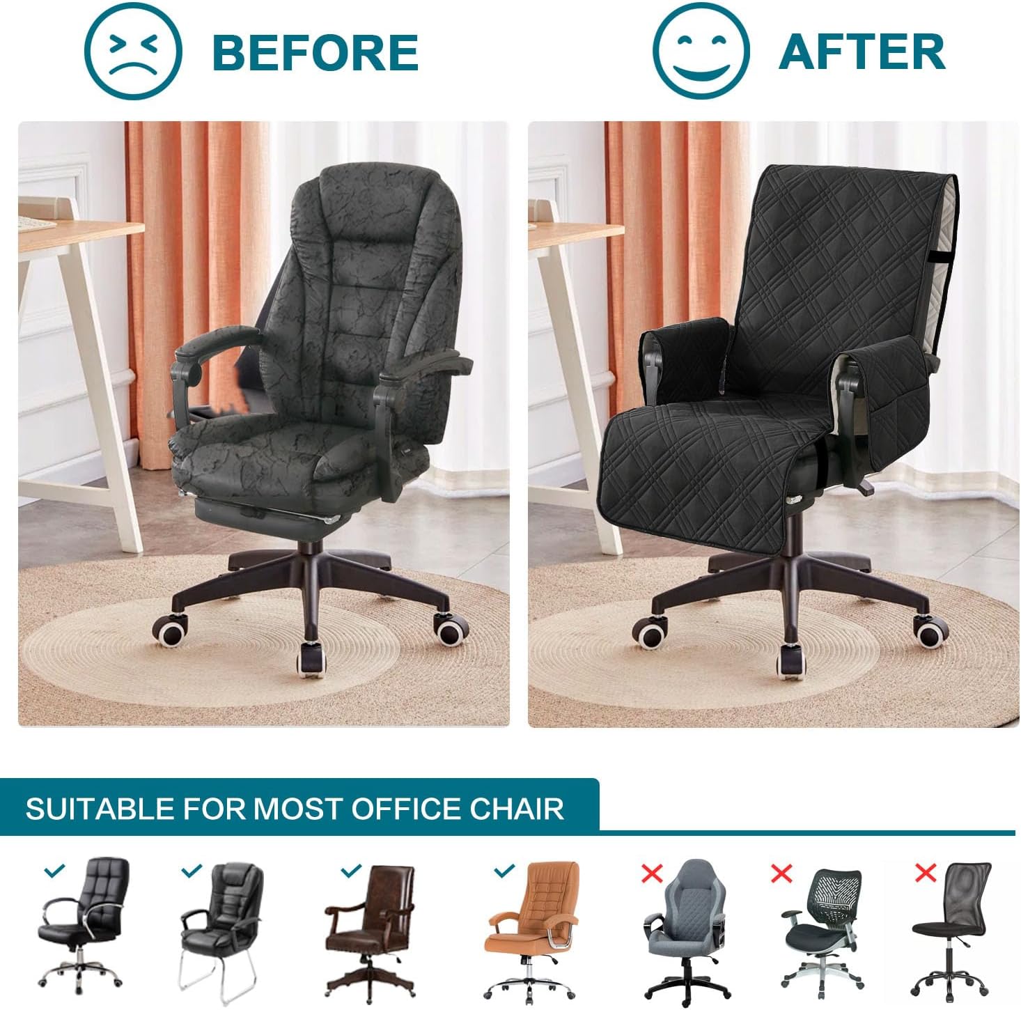 Turquoize Waterproof Office Chair Cover with Armrest Covers Black Computer Desk Chair Cover Quilted Office Chair Protector with Arms Office Chair Seat Cover Slipcover with Anti-Slip Buckle, Black