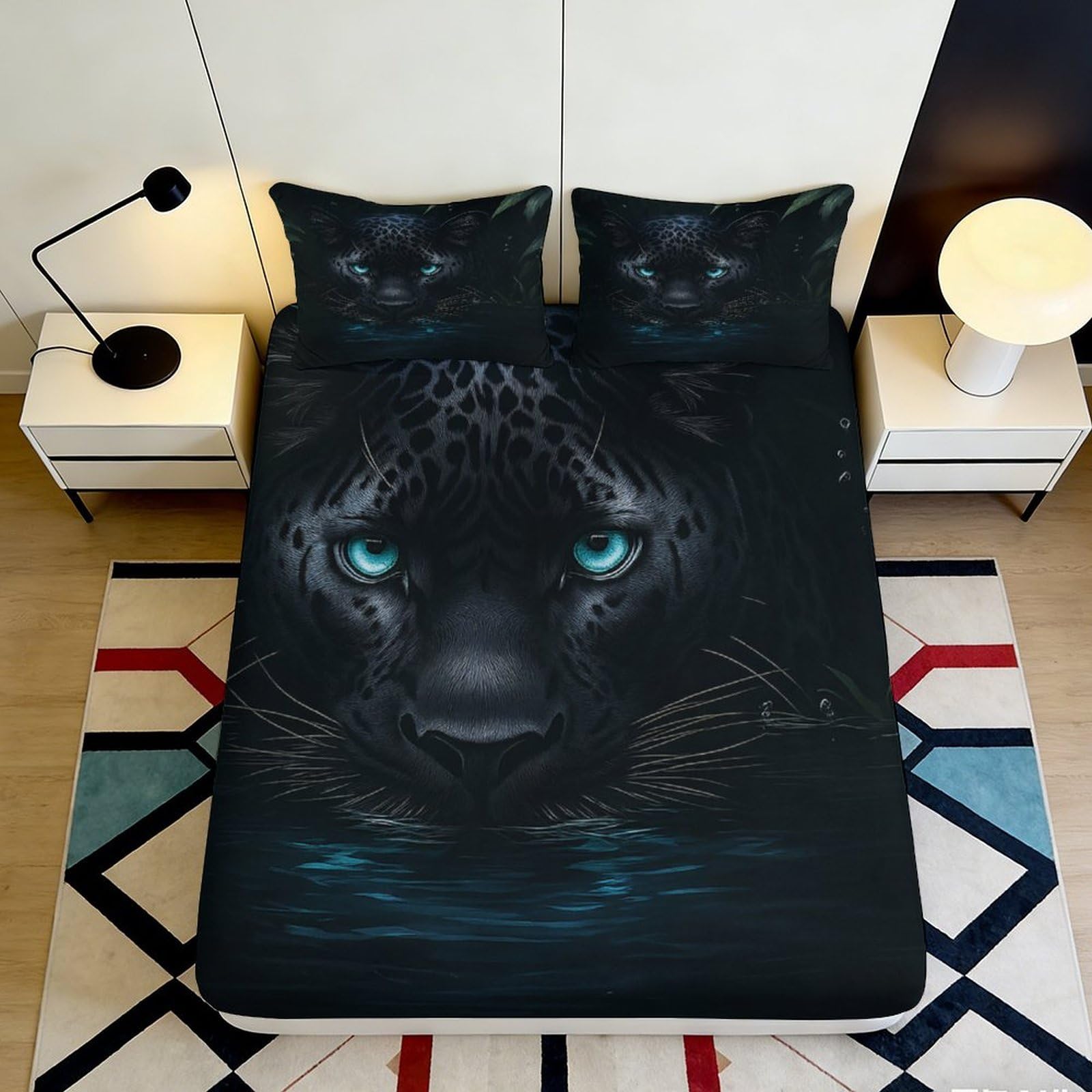 3D Printed Black Panther Fitted Sheet Microfiber Soft Durable Blue Eyes Bed Cover for Bedroom Dormitory Guest Room Mattress Protection 160x200x25cm