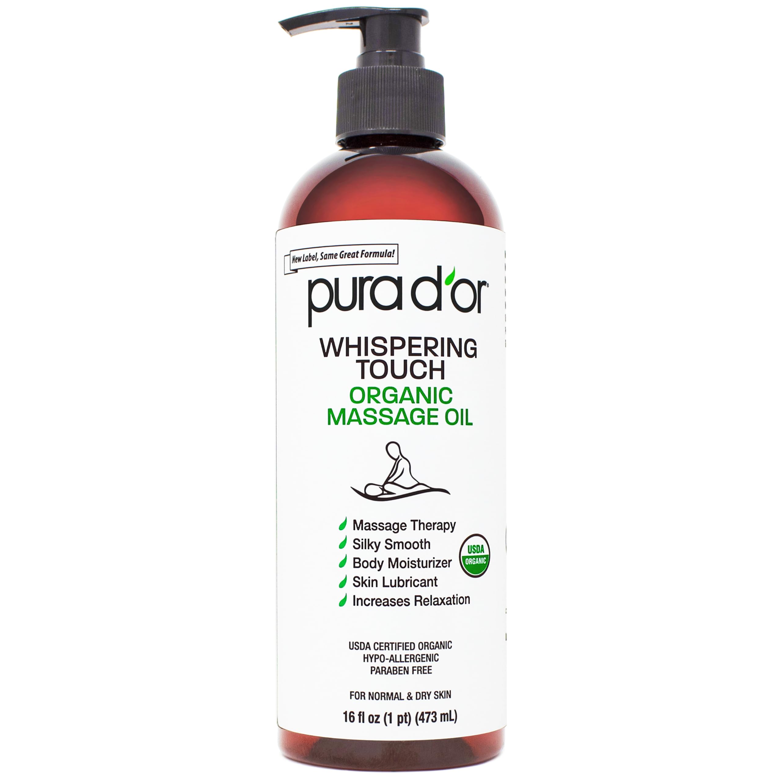 PURA D'OR 16 Oz Organic Massage Therapy Oil USDA Certified Body Moisturizer & Skin Lubricant for Aromatherapy & Relaxation, Silky & Softer Skin (Packaging May Vary)