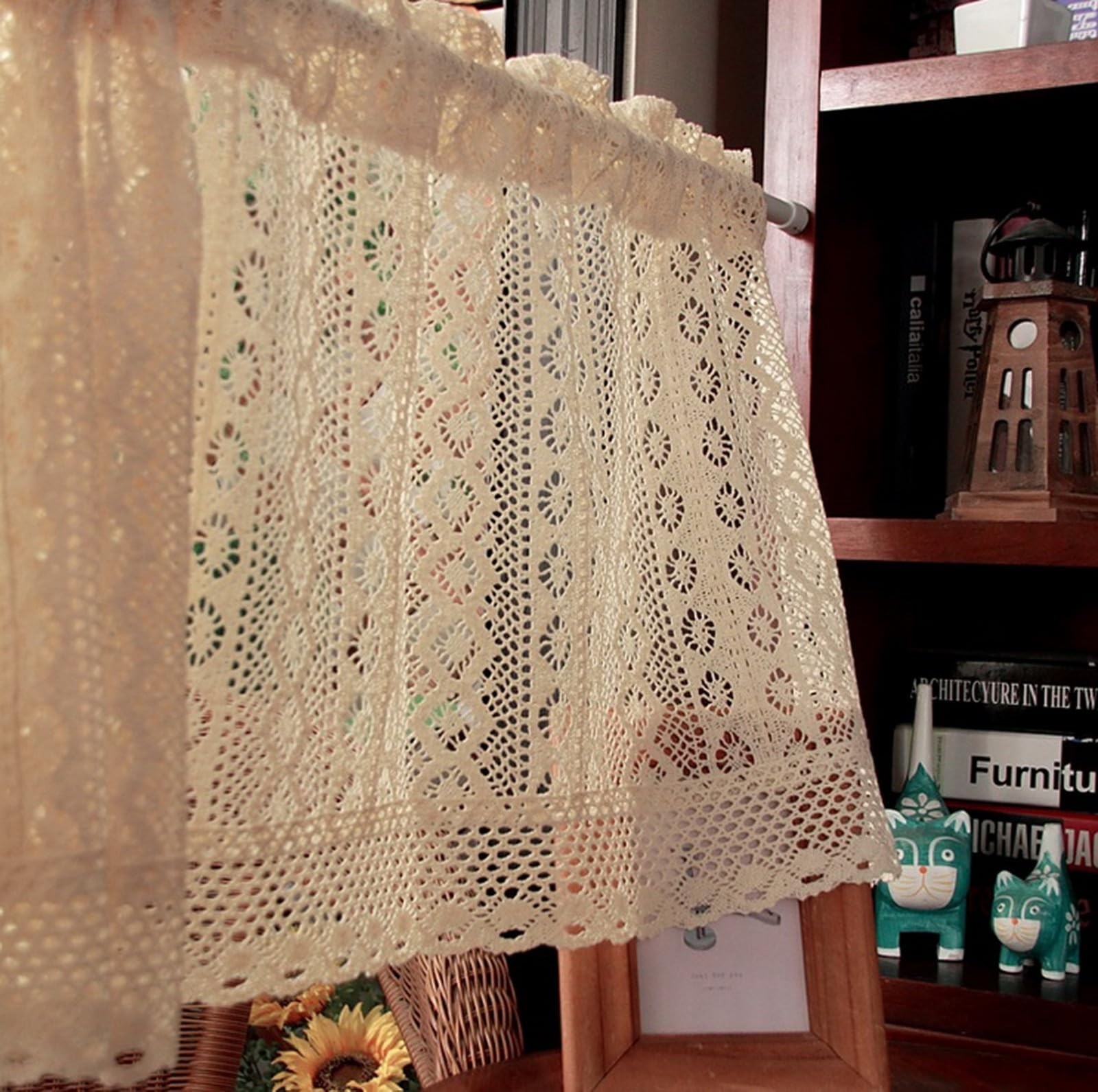 A.Monamour Gardine Scheibengardinen Kurzstores Rustikale Boho Baumwolle Geometrisch Hohl Gehäkelt Spitze Halbtransparent Kurzvorhang Küchengardine Küche Vorhang Fenster Kurz Stores Bistrogardine