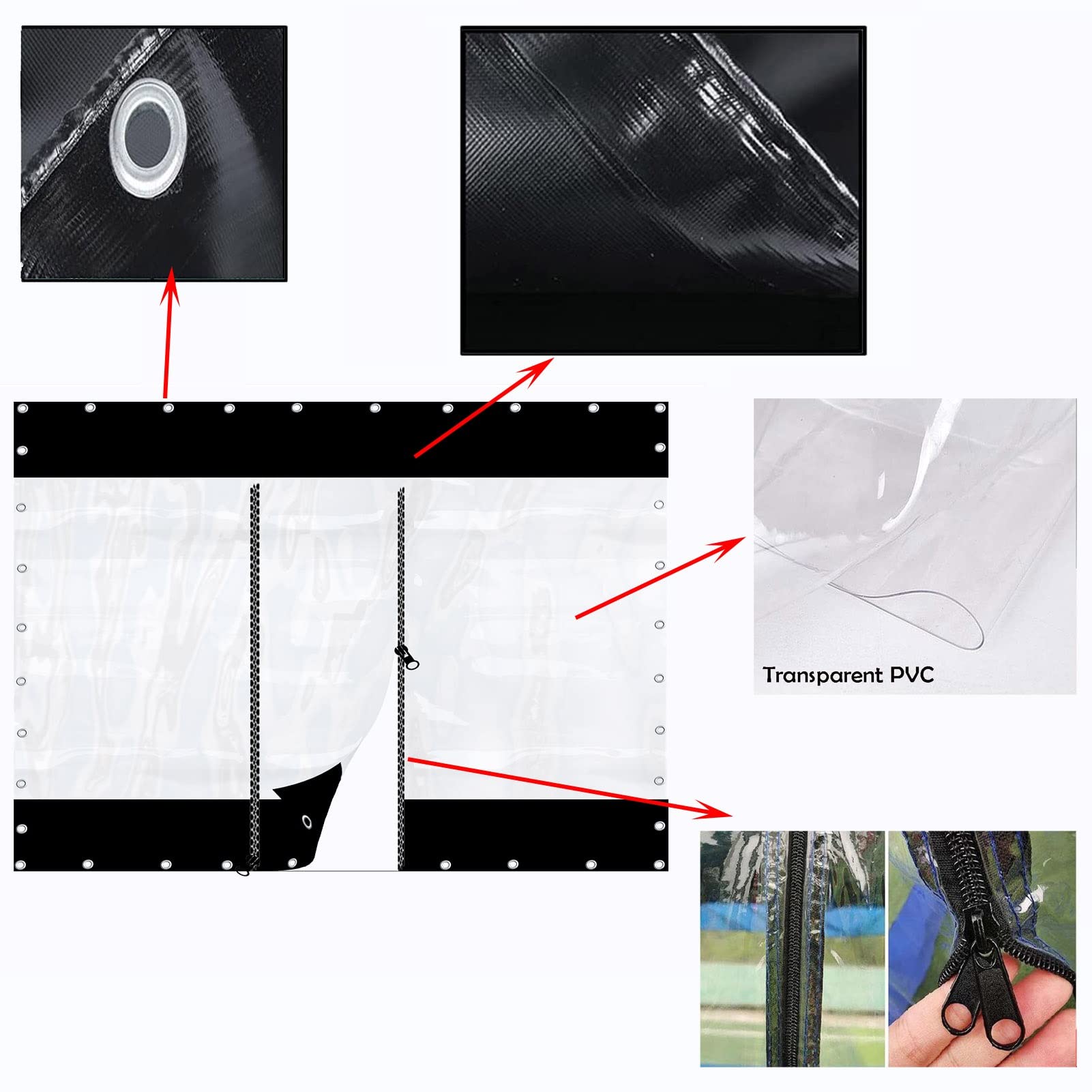 Tenda antipioggia trasparente impermeabile per pergola con porta con cerniera, pannelli in PVC resistente, per veranda, gazebo, patio, nero, 5 x 2,5 m
