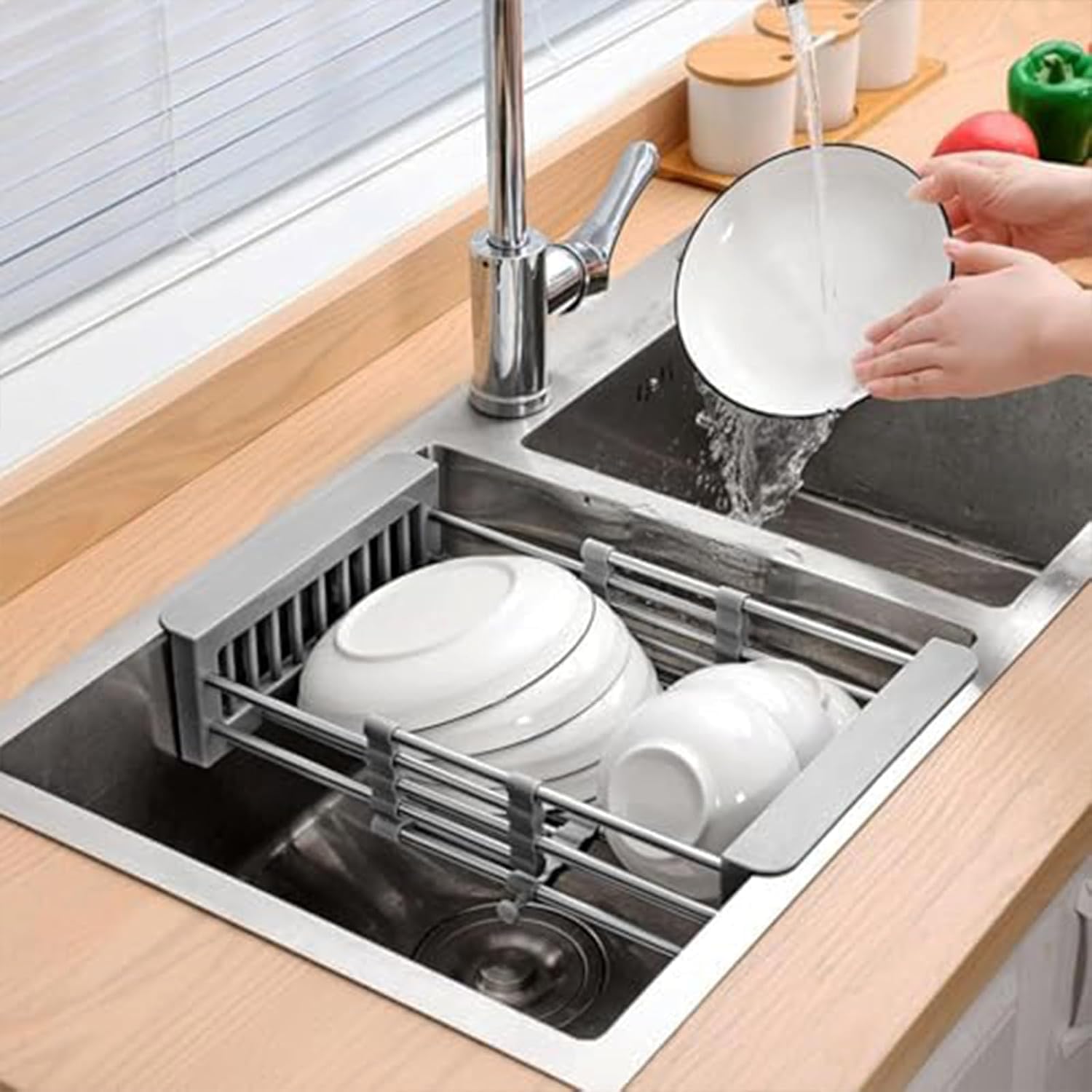 Scolapiatti Regolabile per lavello da Cucina, cestello di scolo Estensibile in Acciaio Inox per Frutta e Verdura, Nero, Piccolo (Large)