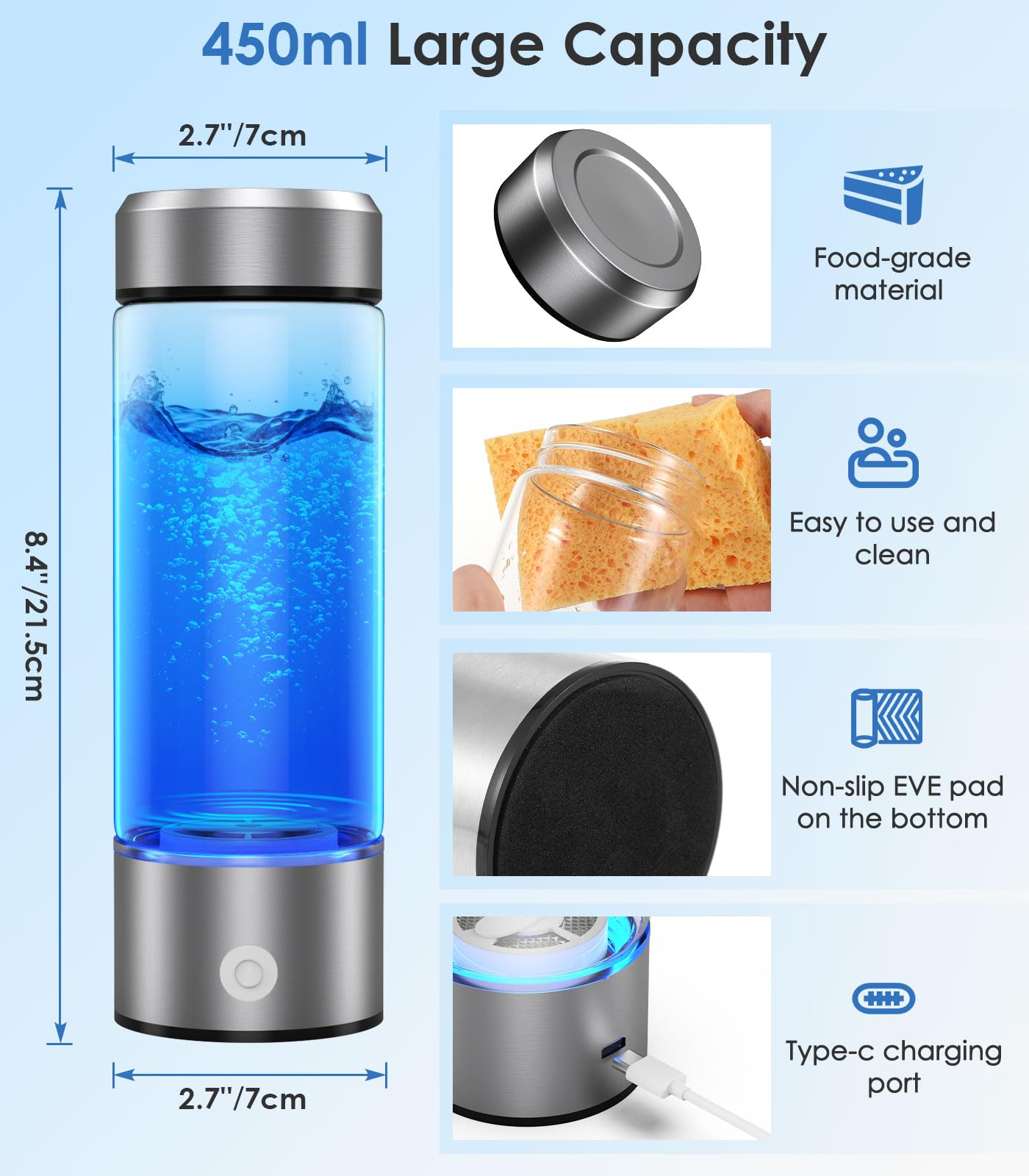 Roylvan Wasserstoff Wasser Maker - 450ml Tragbarer Wiederaufladbarer Wasserflasche, Verbesserung der Wasserqualität in 3 Minuten für Haus und Büro, Silber