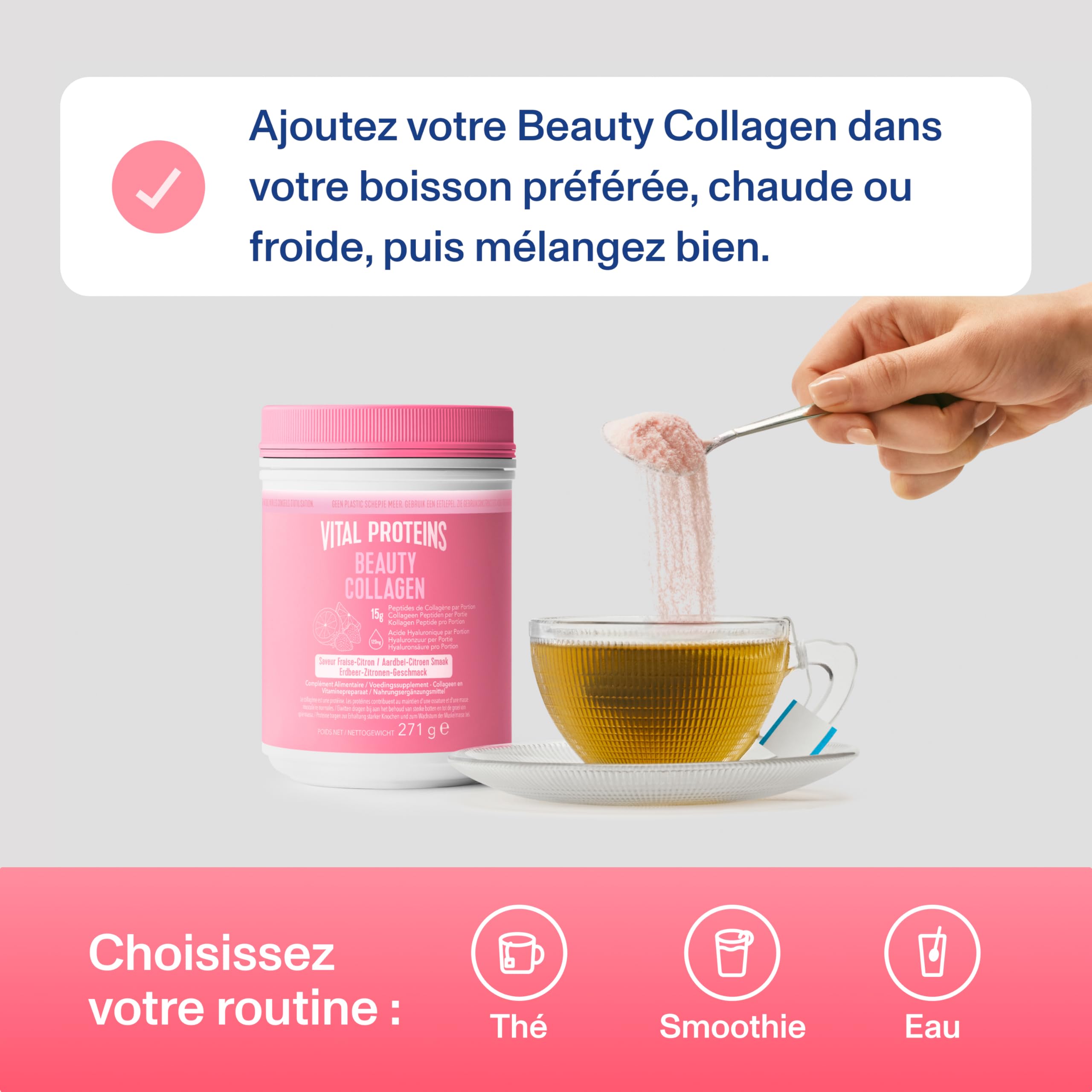 Vital Proteins Beauty Collagen 271g, Collagène Bovin Hydrolysé avec Acide Hyaluronique, Biotine, Poudre pour Peau, Cheveux, Ongles, 15g de collagène par portion, Goût Fraise Citron