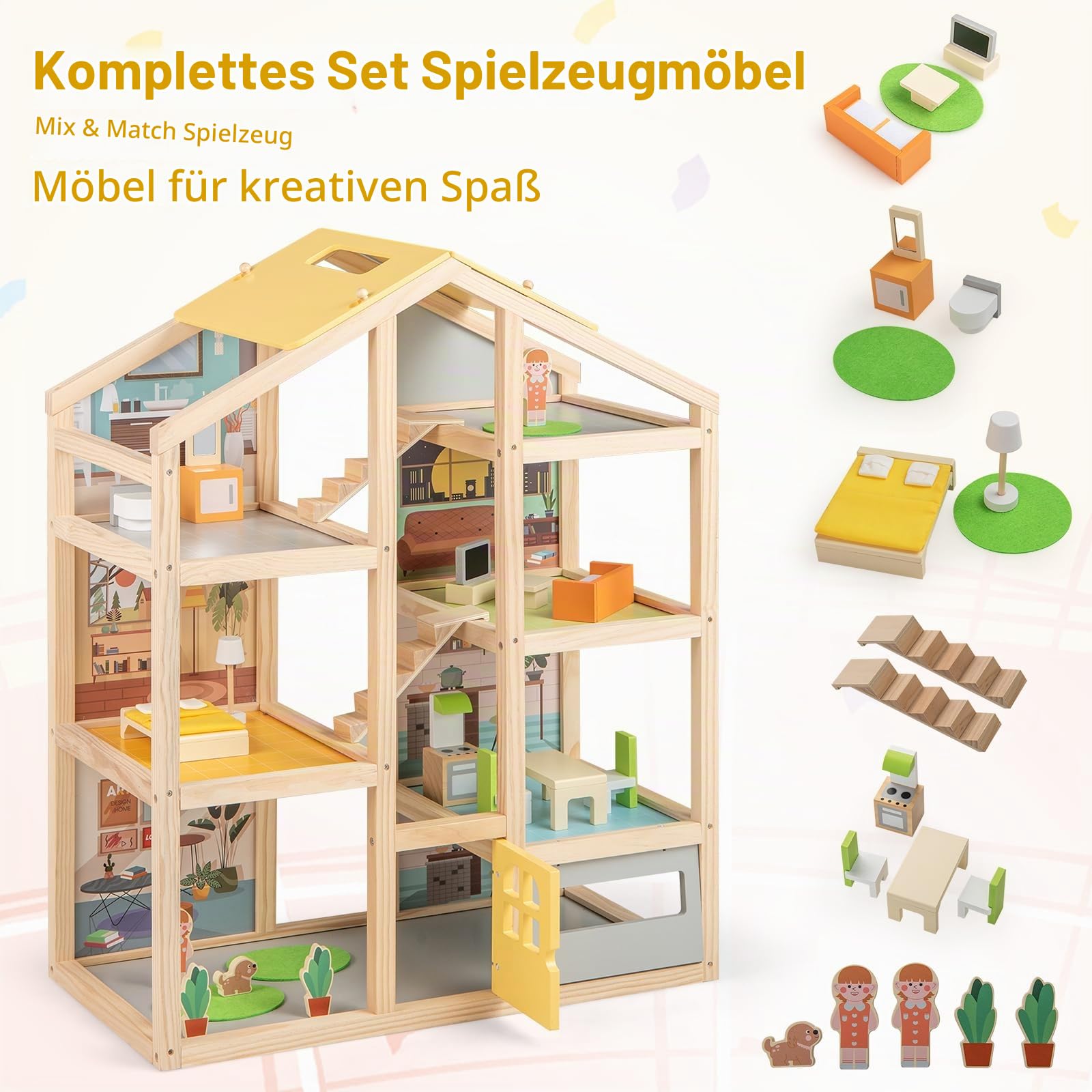 FANTASK Puppenhaus Holz, Bunt Puppenstube mit komplettem Möbeln & Zubehör, 3 Etagen DIY-Dollhouse mit Garage & öffnbarer Tür, für Mädchen & Jungen ab 2 Jahren