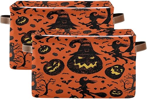 Miniatura 2 de Wusikd Cesta de almacenamiento de Halloween naranja y negra, juego de 1 canasta grande de tela de calabaza y bruja, cubo con asas, plegable, estante