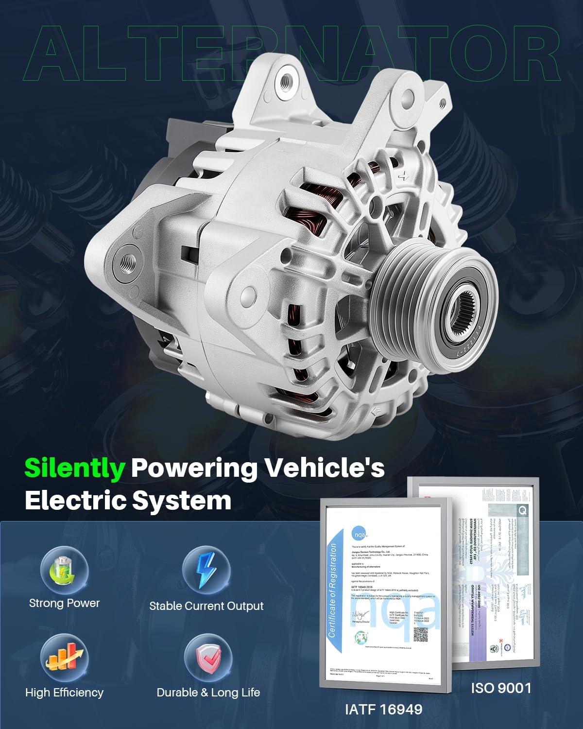 New Alternator Fit for Nissan Rogue(S, SL, SV) L4 2.5L 2014-2020. Replace 23100-4BA0A, 23100-4BA0B, TG12C152. 6-Groove, 12V, 120Amp, CW, Internal Fan & Regulator