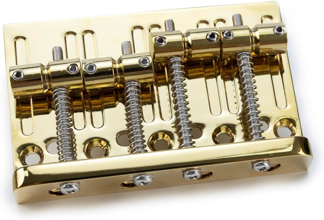 Glod Electric Bass Guitar Bridge with Brass Saddles Zinc Alloy Plate 4 String Fixed Bridge Compatible with Fender Jazz Precision Bass Bridge Replacement Parts