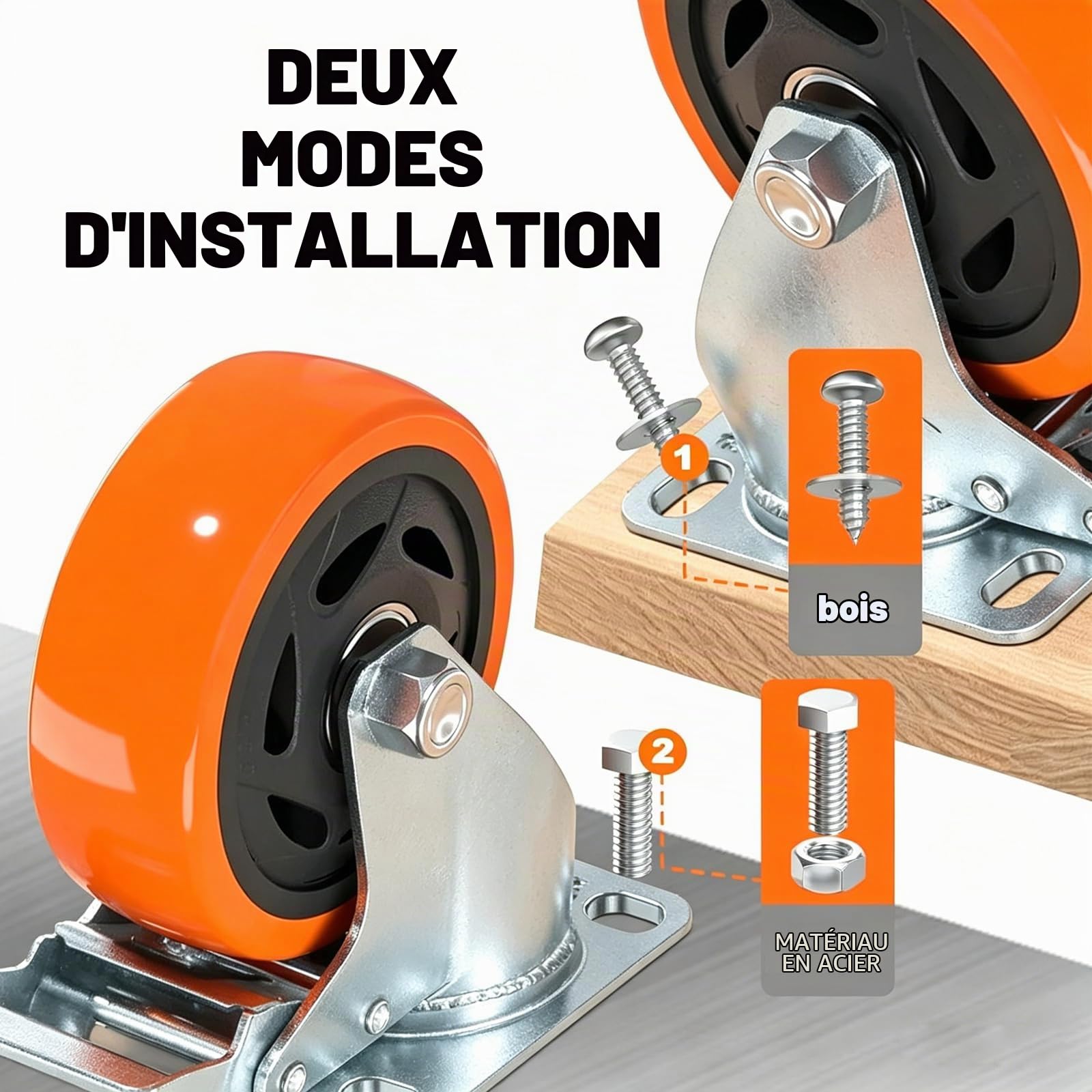 Roulette Pivotante avec Frein 125 mm, 4 Roulettes pour Meubles Roulettes Charge Lourde Roue Plaques Industrielles Transport, Max 800KG (32 Vis Incluses)