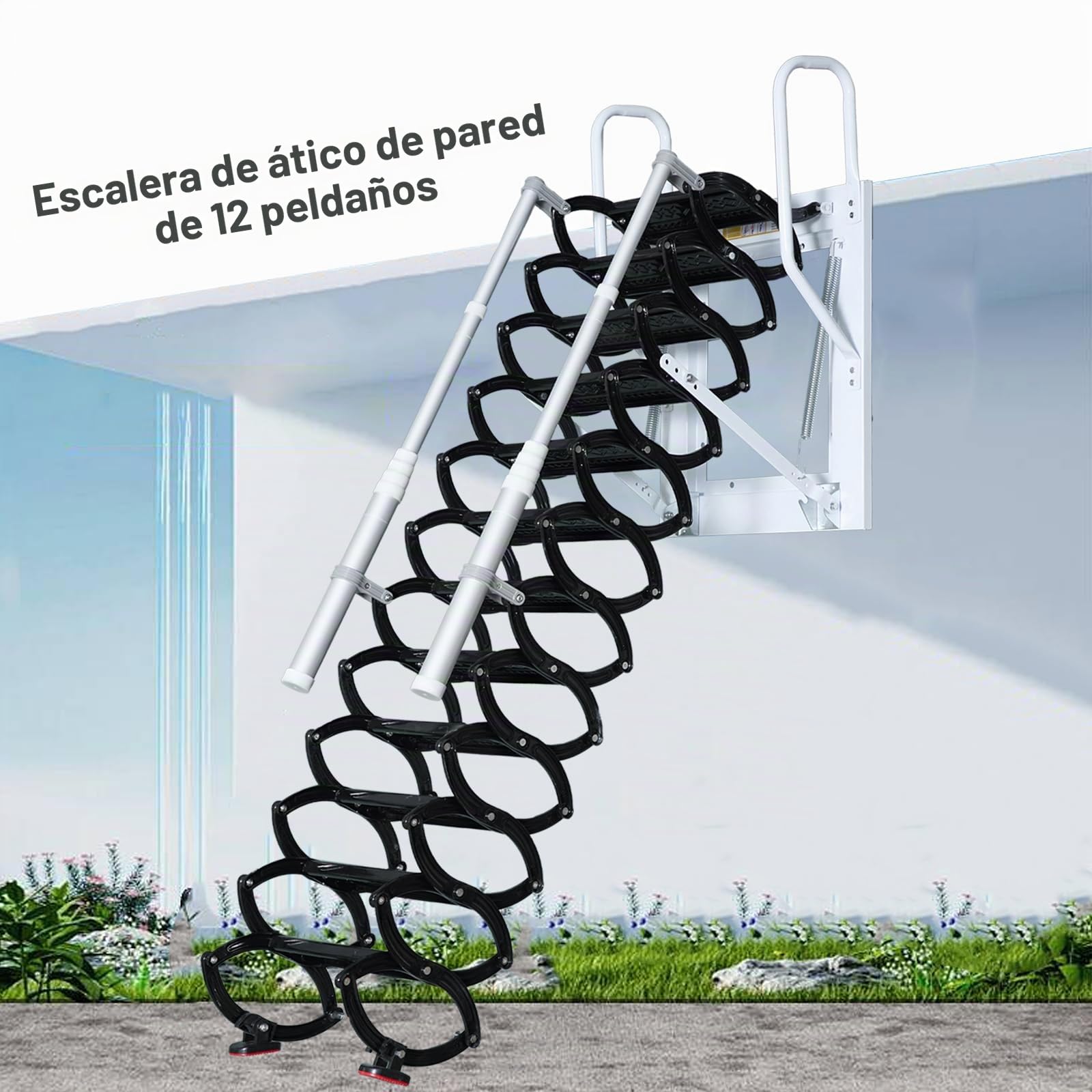 Escalera de ático de Pared, 12 Peldaños Escaleras Telescópicas desván, Escaleras Metálicas Plegables para áticos con Peldaños Telescópicos, para áticos, garajes y techos (Black, 12 Peldaños)