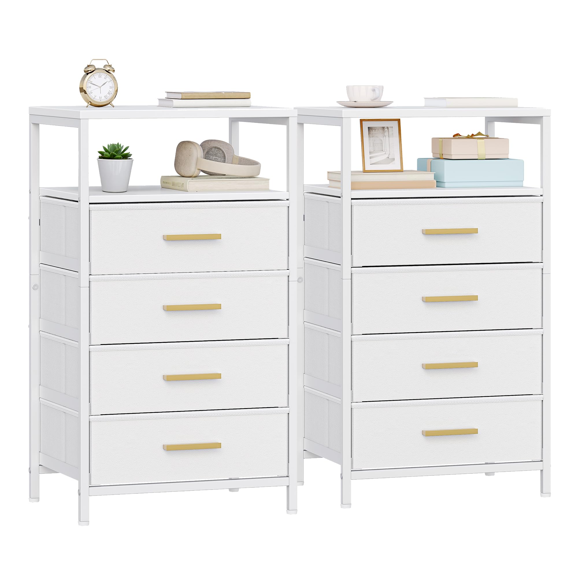 Hzuaneri Bedside Table Set of 2, Side End Table with 4 Fabric Storage Drawers, Bedside Cabinet with Open Storage Shelf, Nightstand for Bedroom, Livingroom, Office, White UKNS40813W