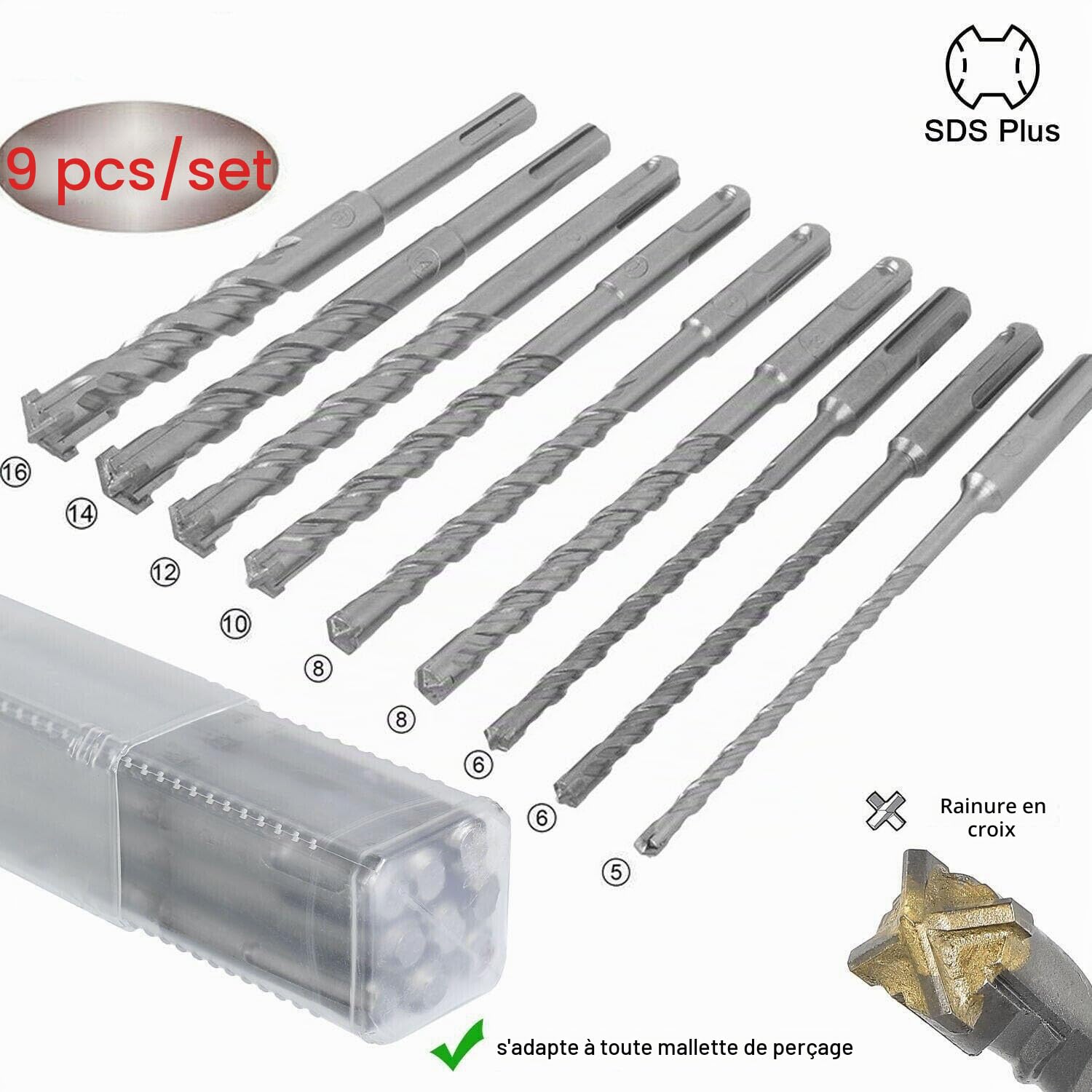 Perceuse 9 pièces SDS Plus jeu de forets pour mur en béton bloc de briques maçonnerie scie trépan marteau électrique forets 5 6 6 8 8 10 12 14 16 x 160 mm