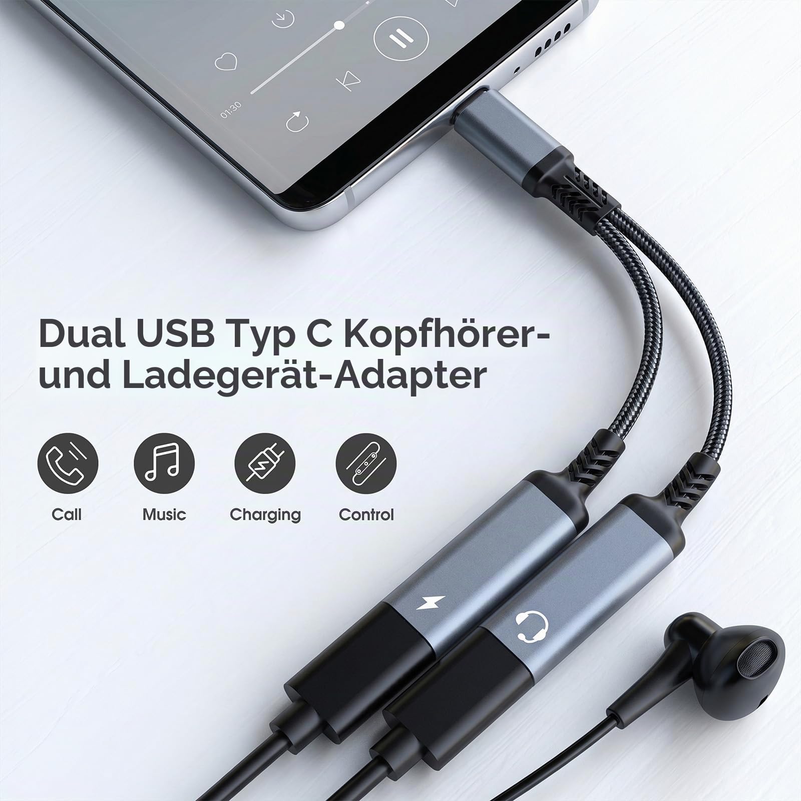 ZOOAUX USB C Splitter, Dual USB C Headphone and Charger Adapter,2-in-1 Type C Audio Dongle Cable with PD 60W Fast Charging Support Call Music for Pixel 4 3 XL, Galaxy S23 S22 S21,Pixel, Xperia