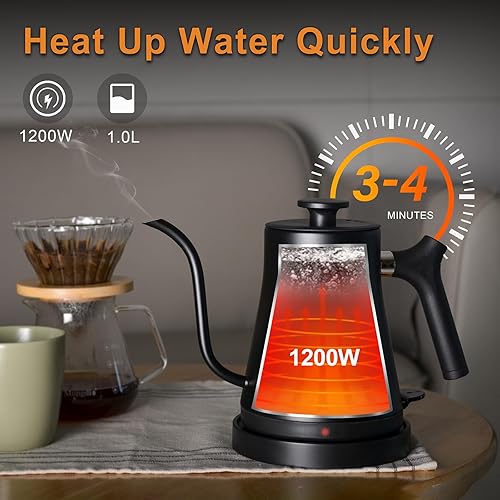 Miniatura 3 de Hervidor eléctrico de cuello de cisne, hervidor de café de acero inoxidable 304, apagado automático, protección anti-seco, café y té clásico, negro