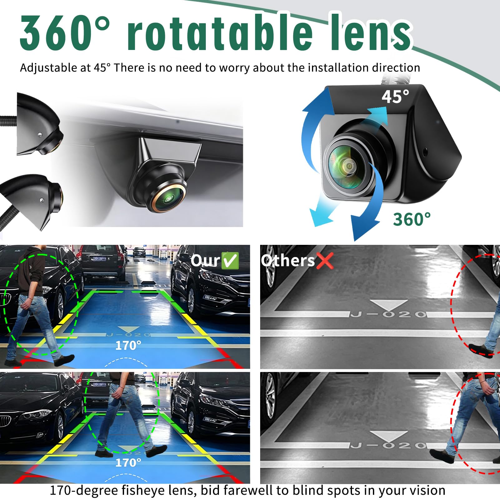 Camara Marcha Atrás Coche 1080P AHD/CVBS Cámara Visión Trasera/Lateral Visión Nocturna, Camara Aparcamiento Coche Rotar 360°, Gran Angular 170°, para Auto Furgoneta Camion Universal 12V-24V